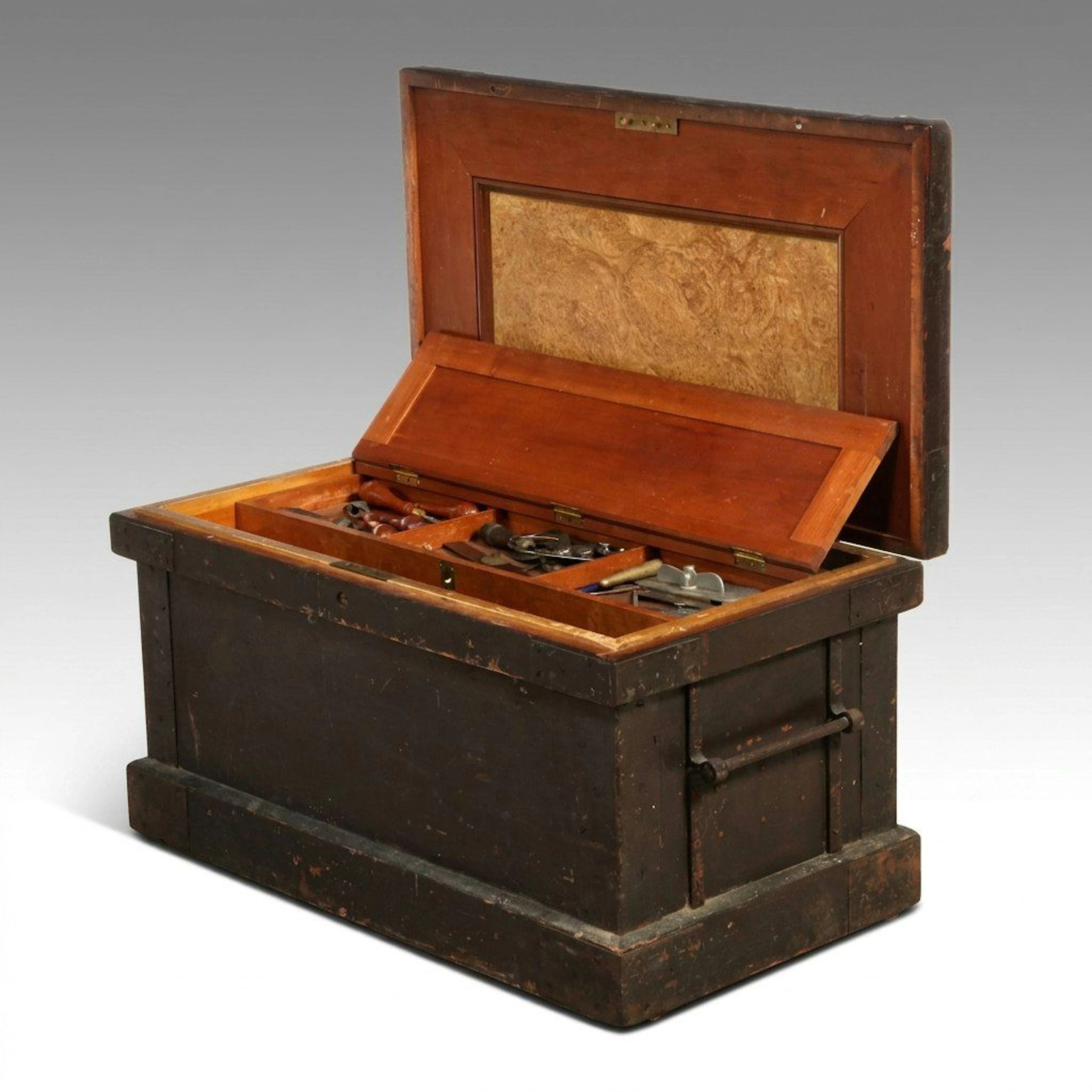 Rustic Wood Tool Chest with Assorted Hand Tools, Early 20th Century