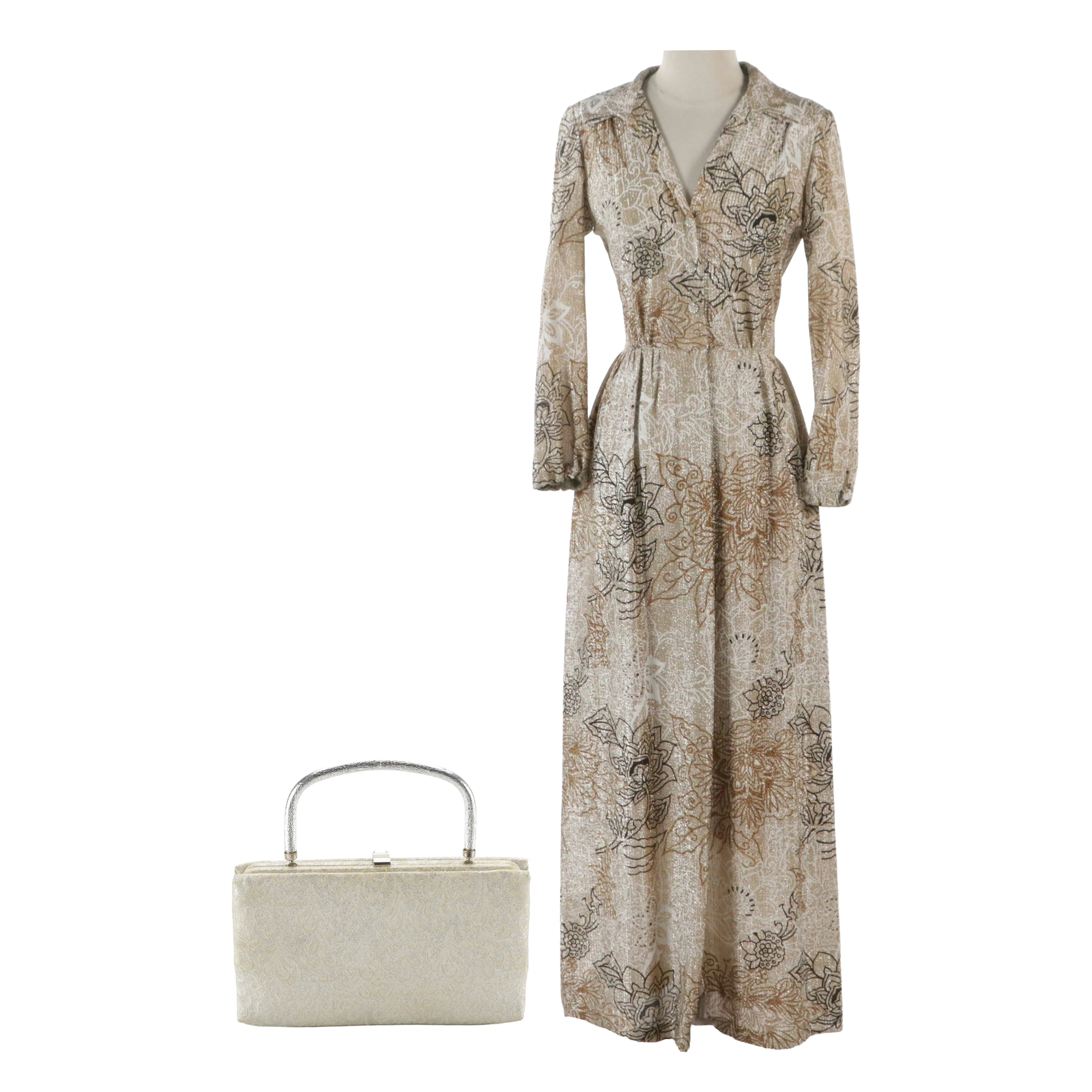 Kleinerts Metallic Floral Long Sleeve Collared Maxi Dress and After