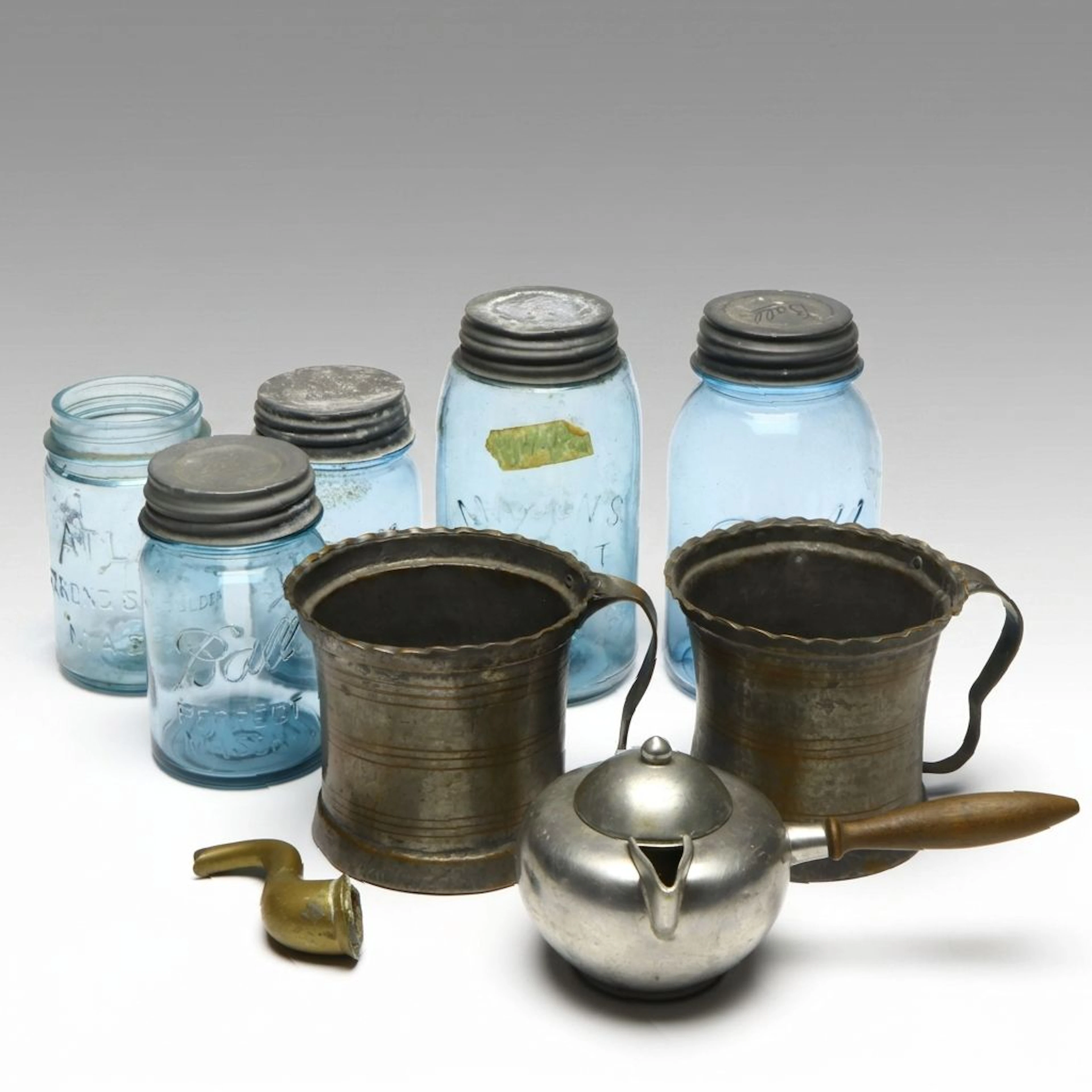 Ball and Atlas Glass Mason Jars with Rustic Metal Tankards, Teapot and Spout
