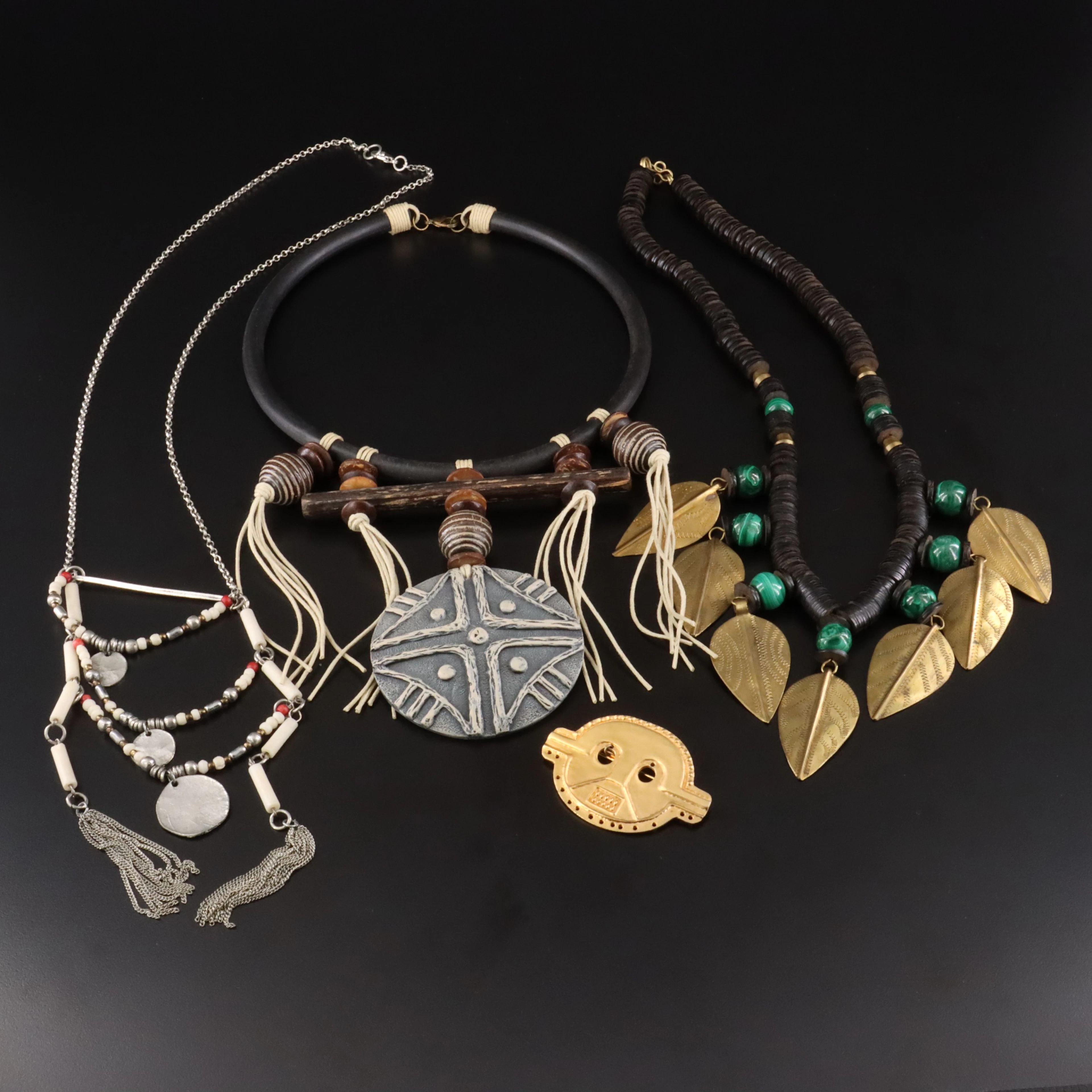 Tribal Style Malachite, Bone & Wood Necklaces with Metro Museum of Art Brooch