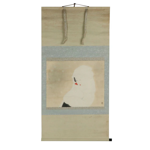 East Asian School Gouache Painting on Silk Scroll of Shrouded Woman