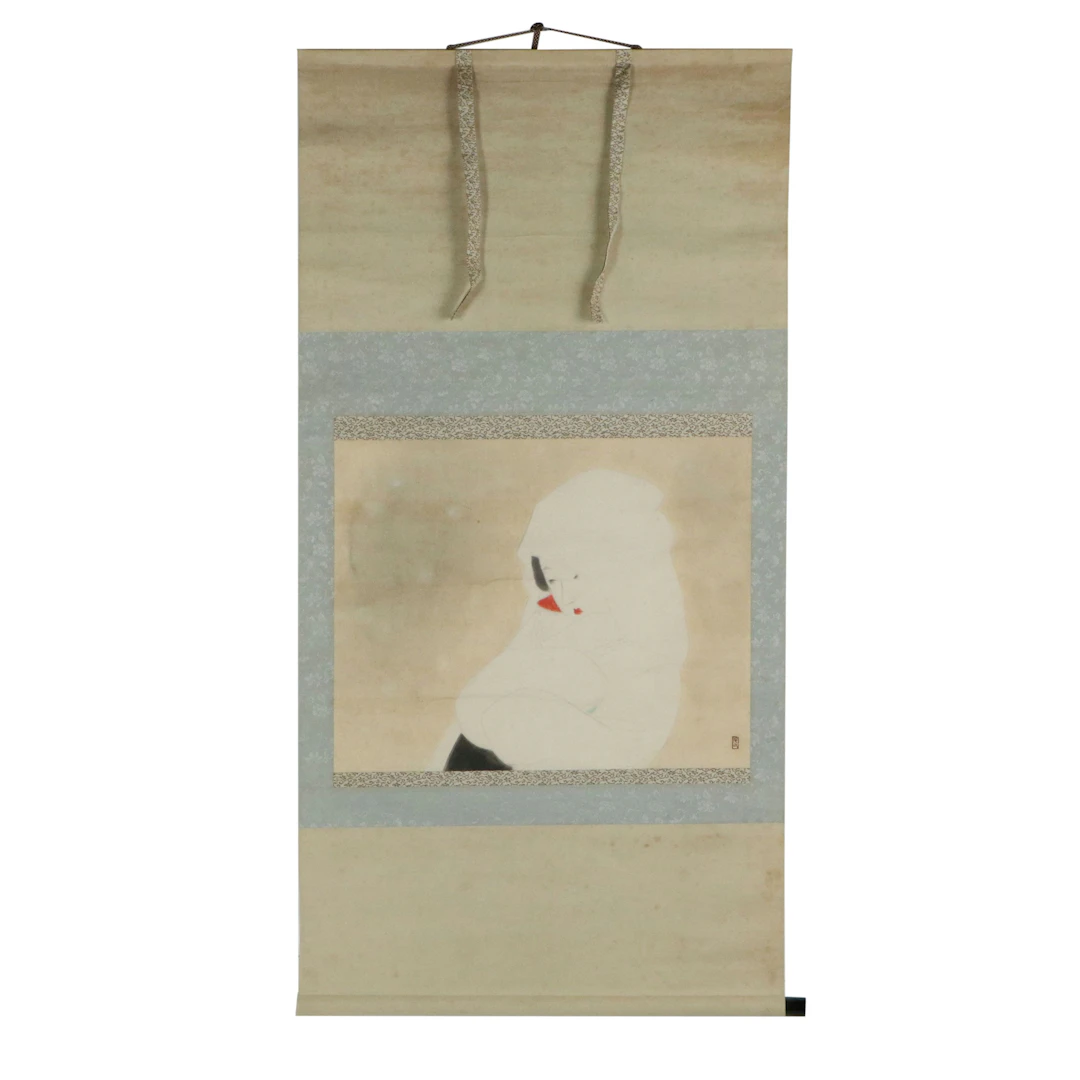 East Asian School Gouache Painting on Silk Scroll of Shrouded Woman