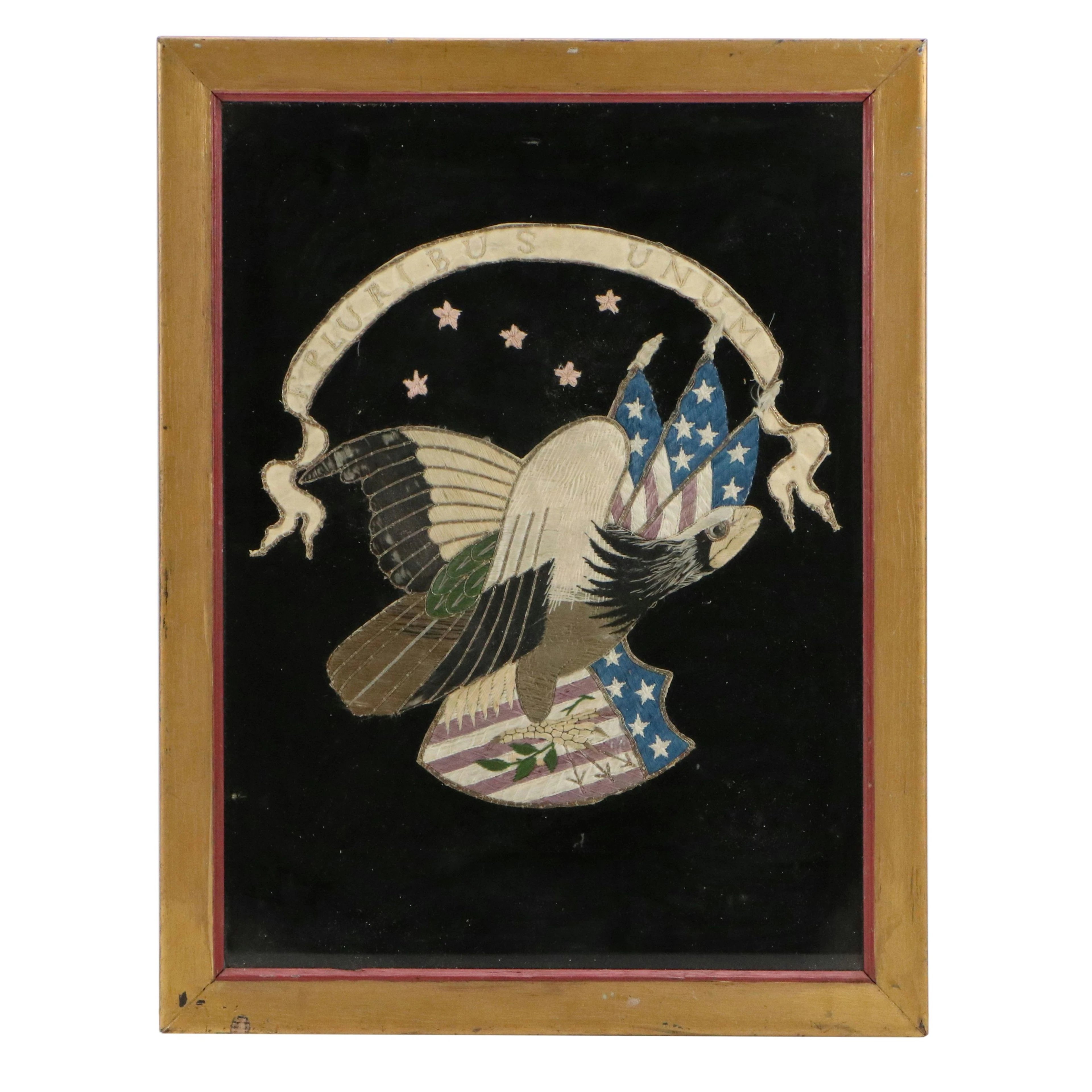 American Folk Art Embroidery "E Pluribus Unum," Circa Early 20th Century