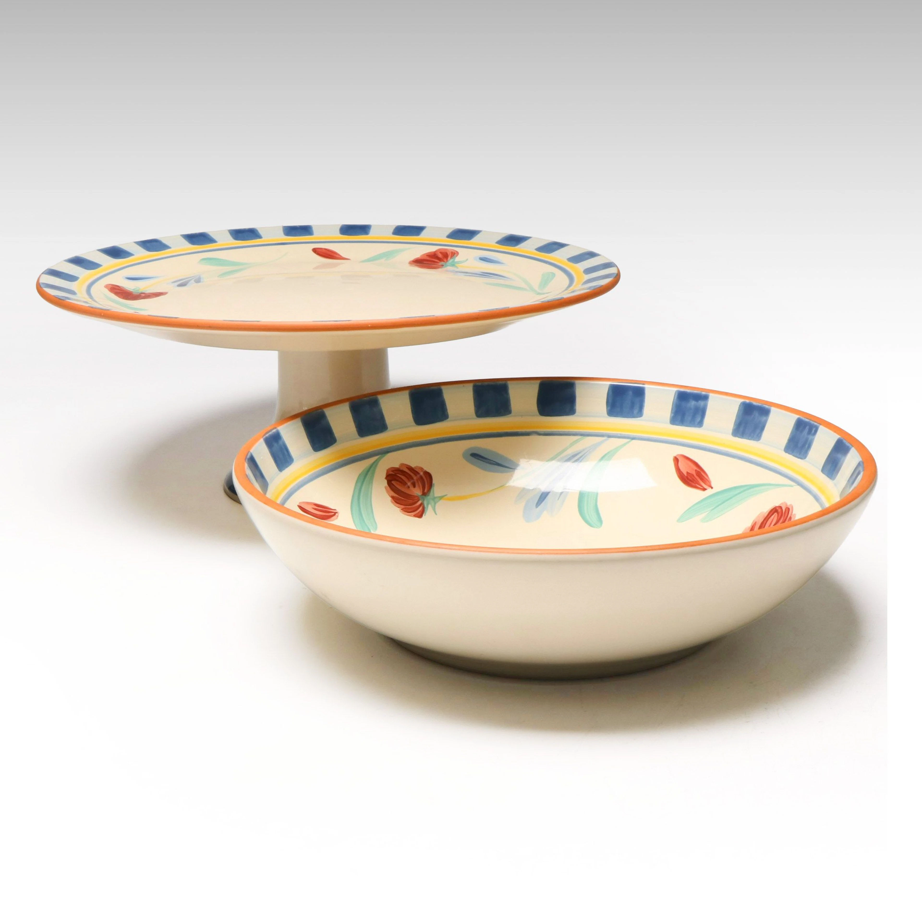 Lenox "Poppies on Blue" Ceramic Cake Stand and Serving Bowl, 1984 - 2007