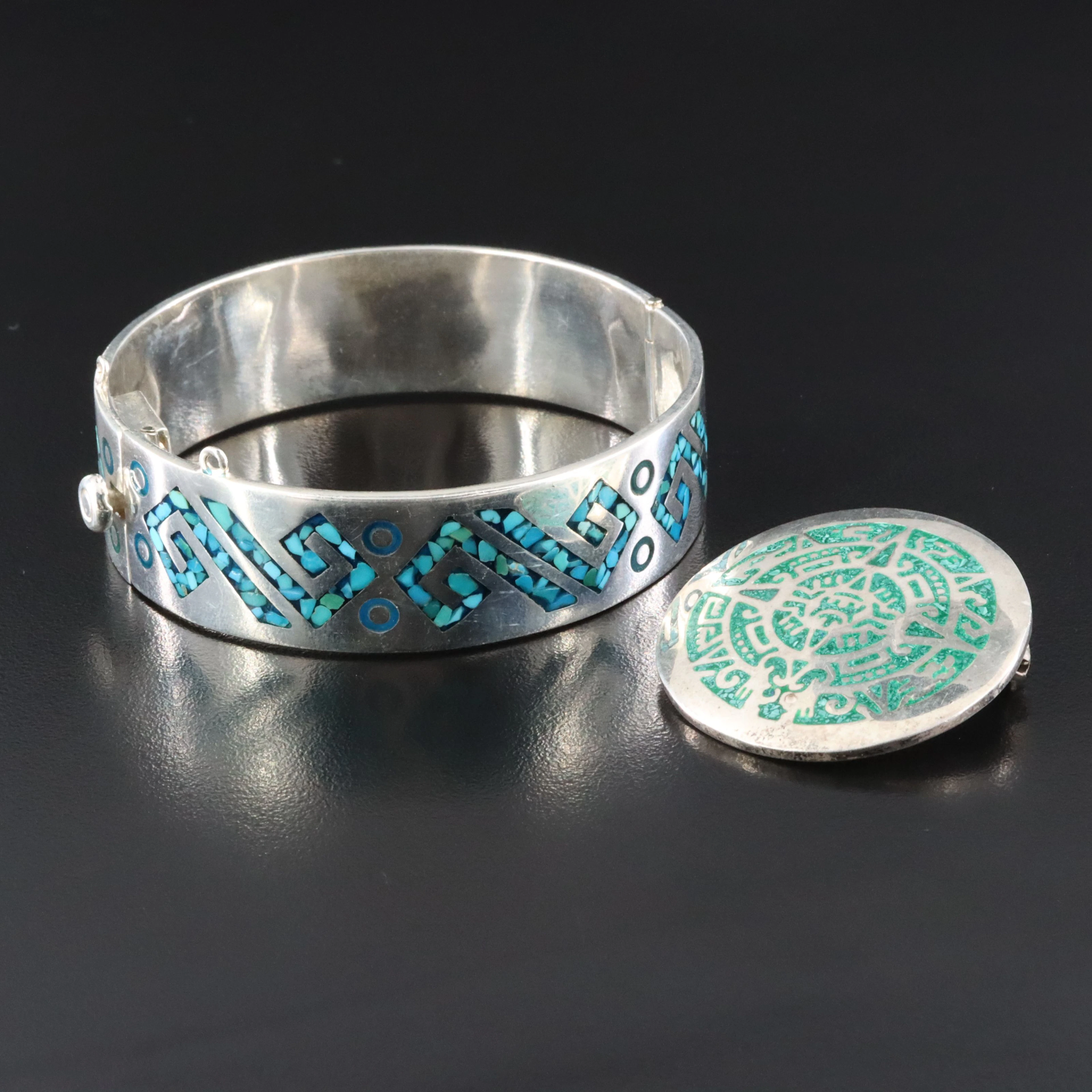 Mexican Sterling Inlay Aztec Converter Brooch and Bracelet
