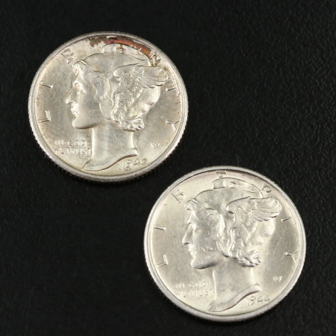 Two San Francisco Mint Mercury Dimes, 1942, and 1944