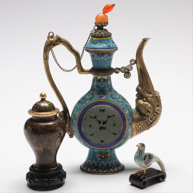 Chinese Cloisonné and Gemstone Coffee Pot with More Cloisonné Décor