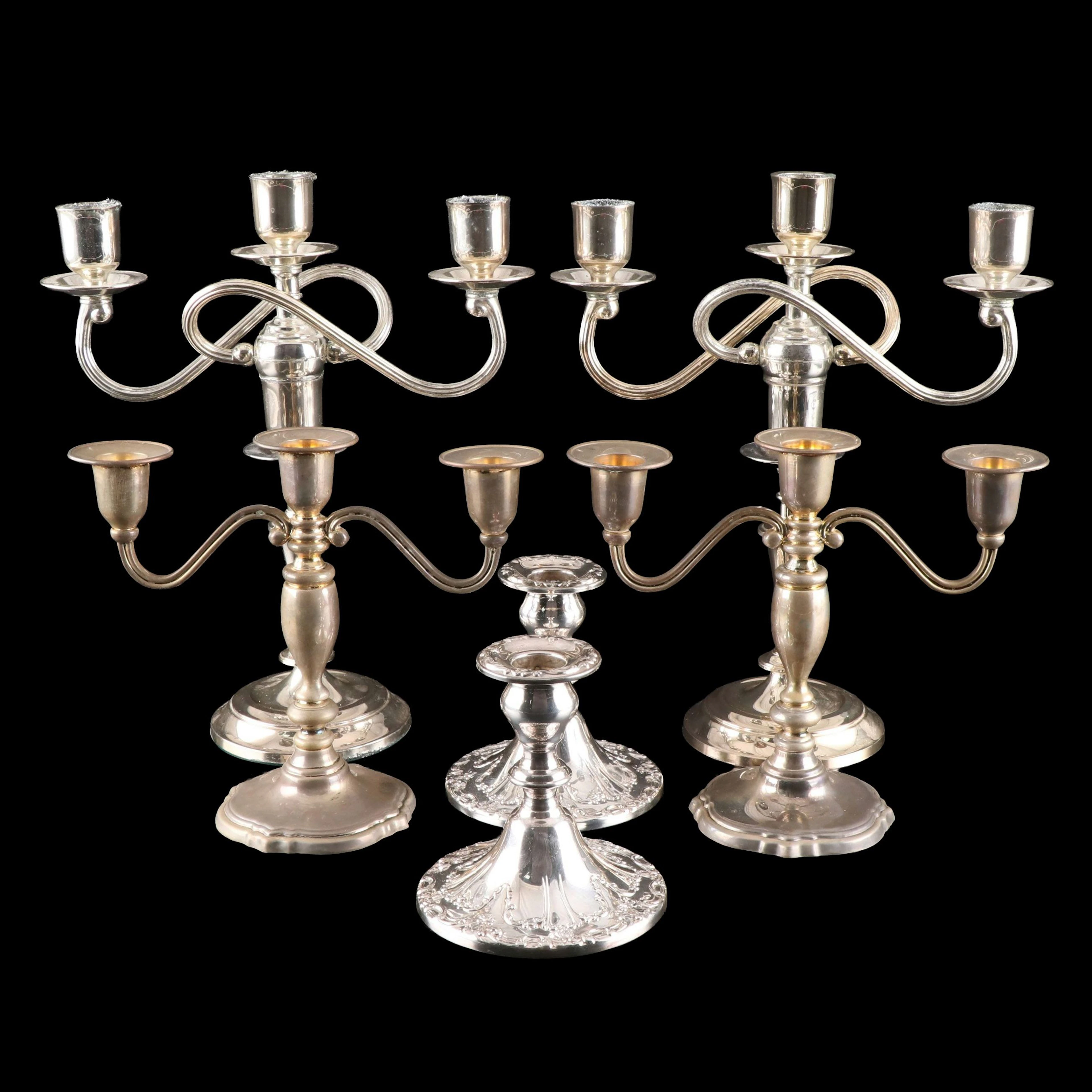 Gorham Silver Plate Candlesticks with International Silver and Other