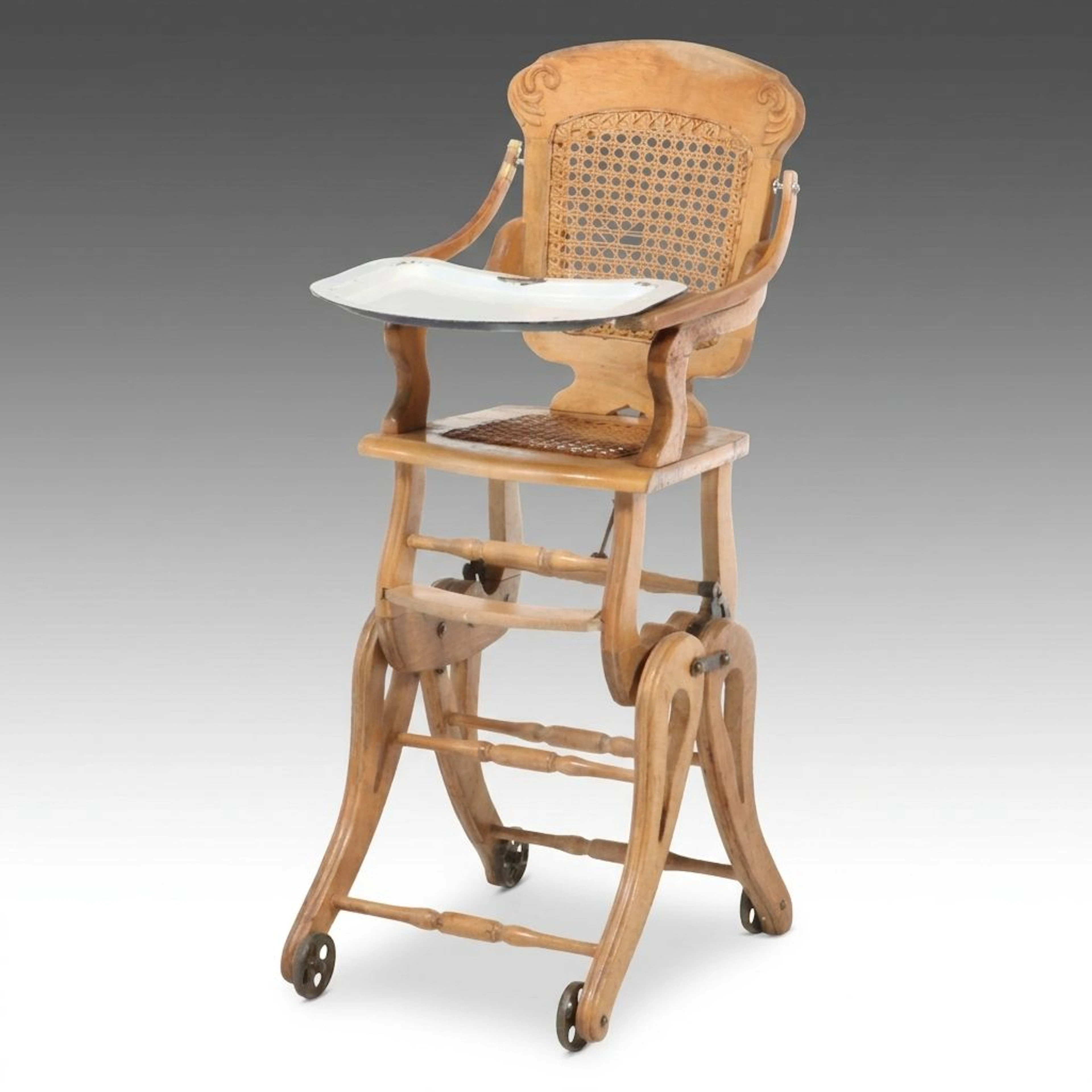 Late Victorian Style Oak Cane Back Convertible Highchair and Rocker