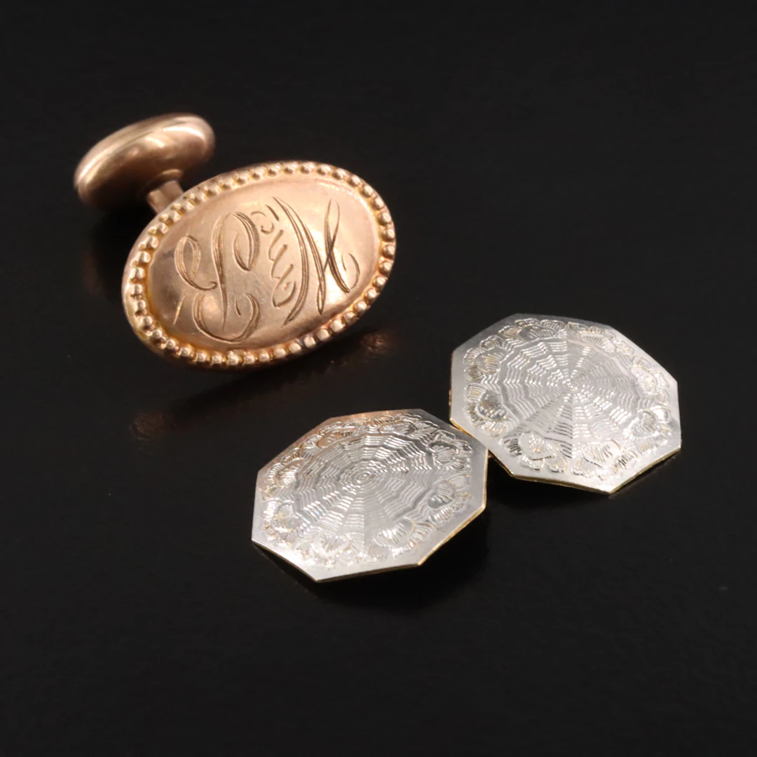 Antique Single Cufflinks Including Art Deco Platinum 14K Guilloché and 10K Oval