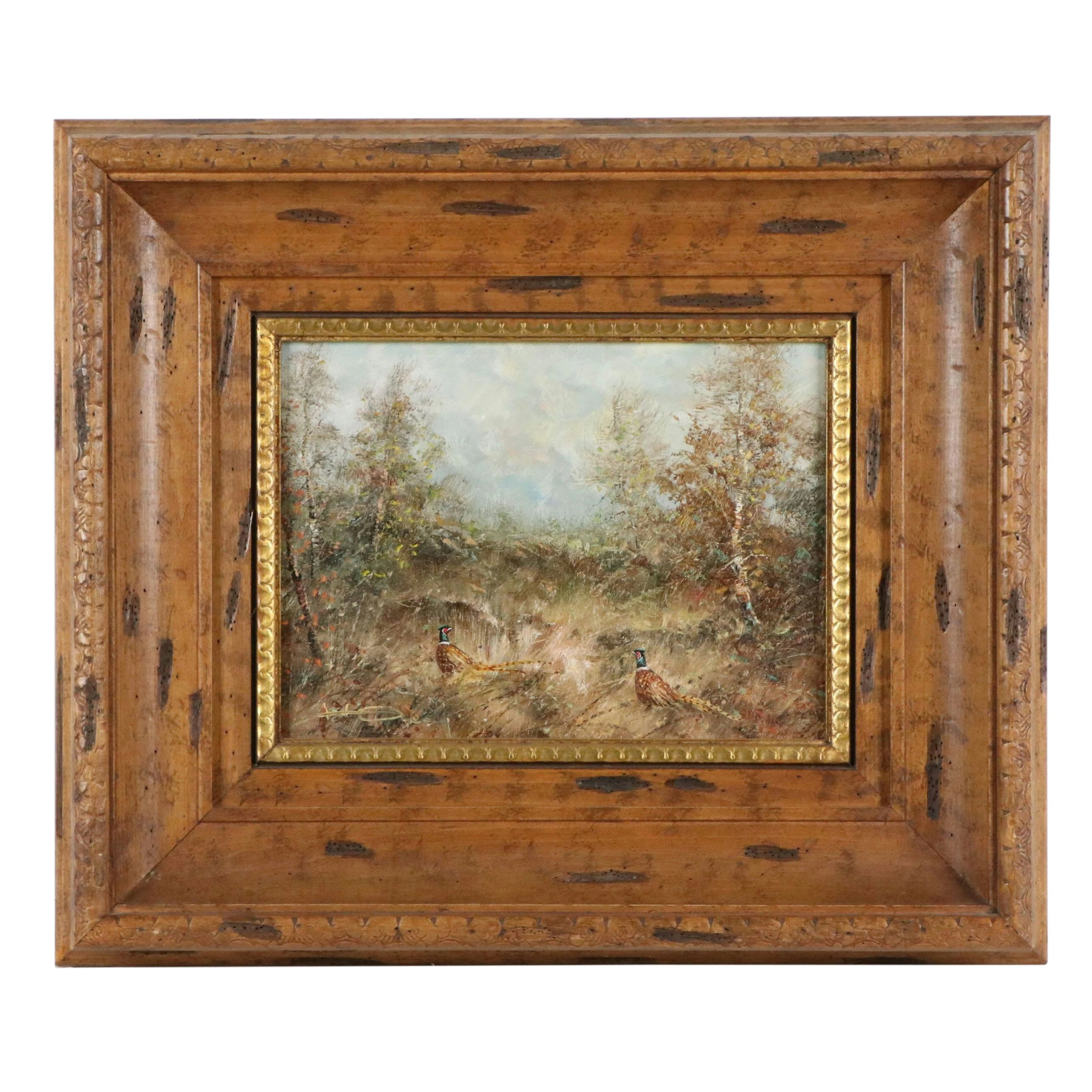Hans Hansung Forestscape Oil Painting of Pheasants in Brush, Mid to
