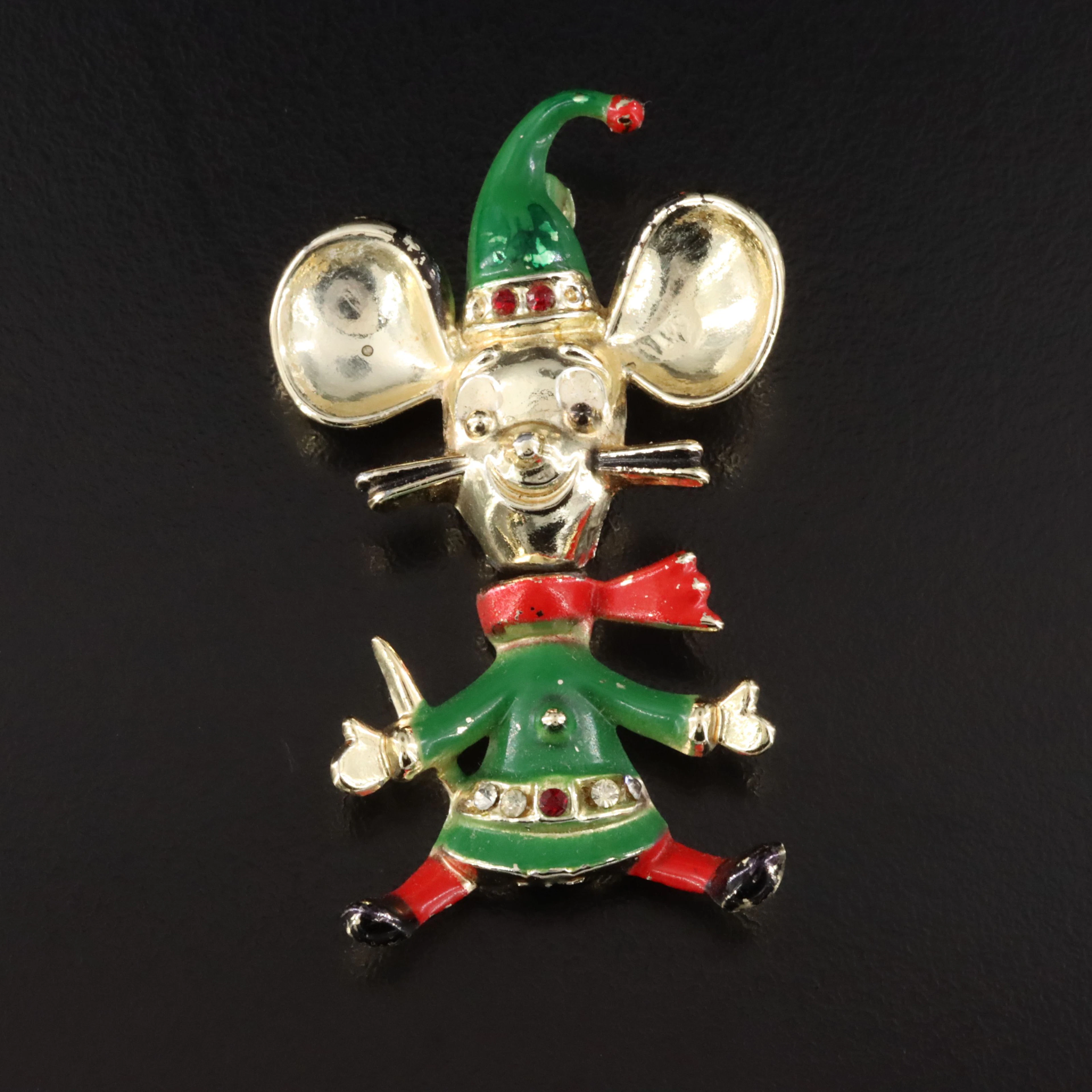 Rhinestone and Enamel Christmas Mouse Trembler Brooch