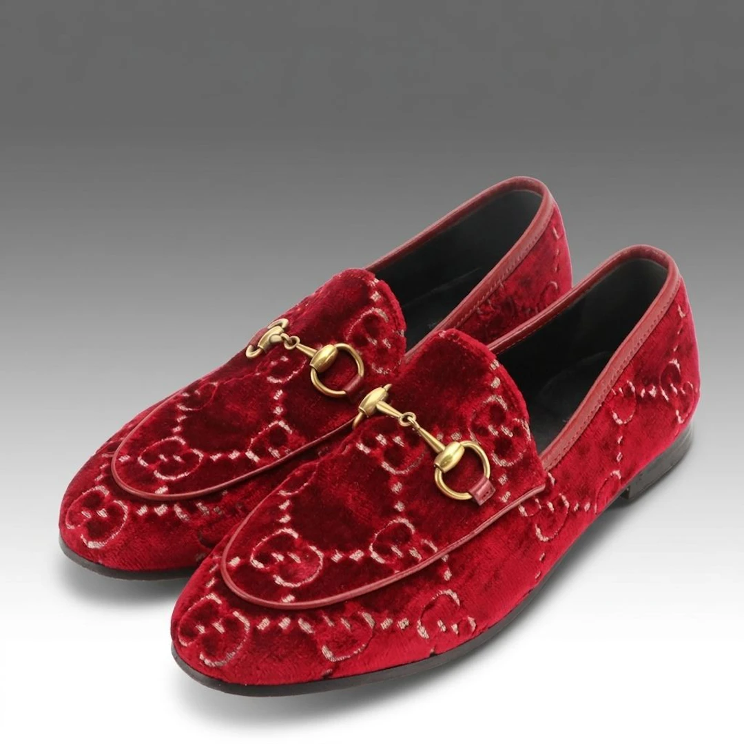 Gucci Jordaan Horsebit Loafers in Red GG Monogram Velvet