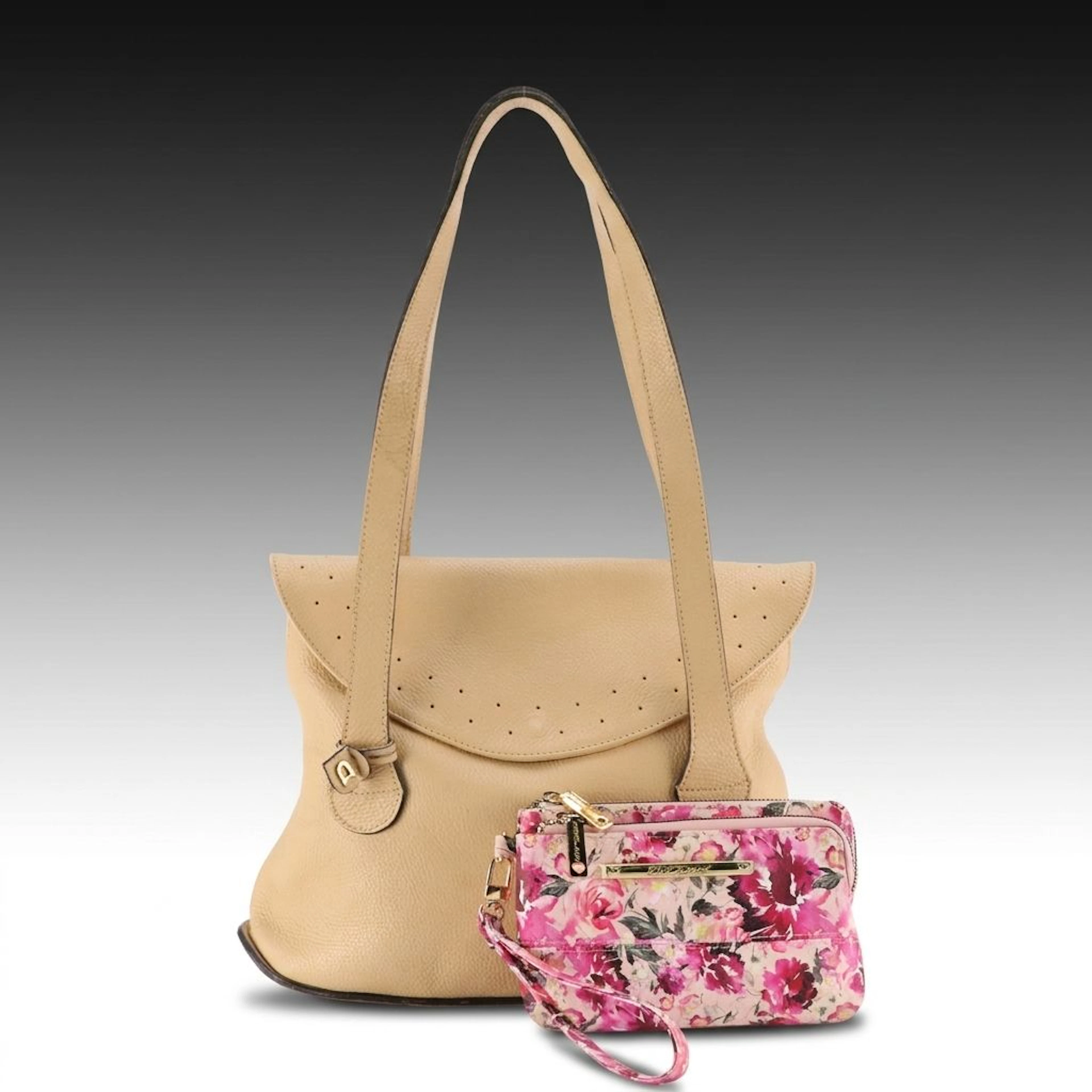 Delvaux Beige Leather Shoulder Bag and Betsey Johnson Floral PVC Zip Wristlet