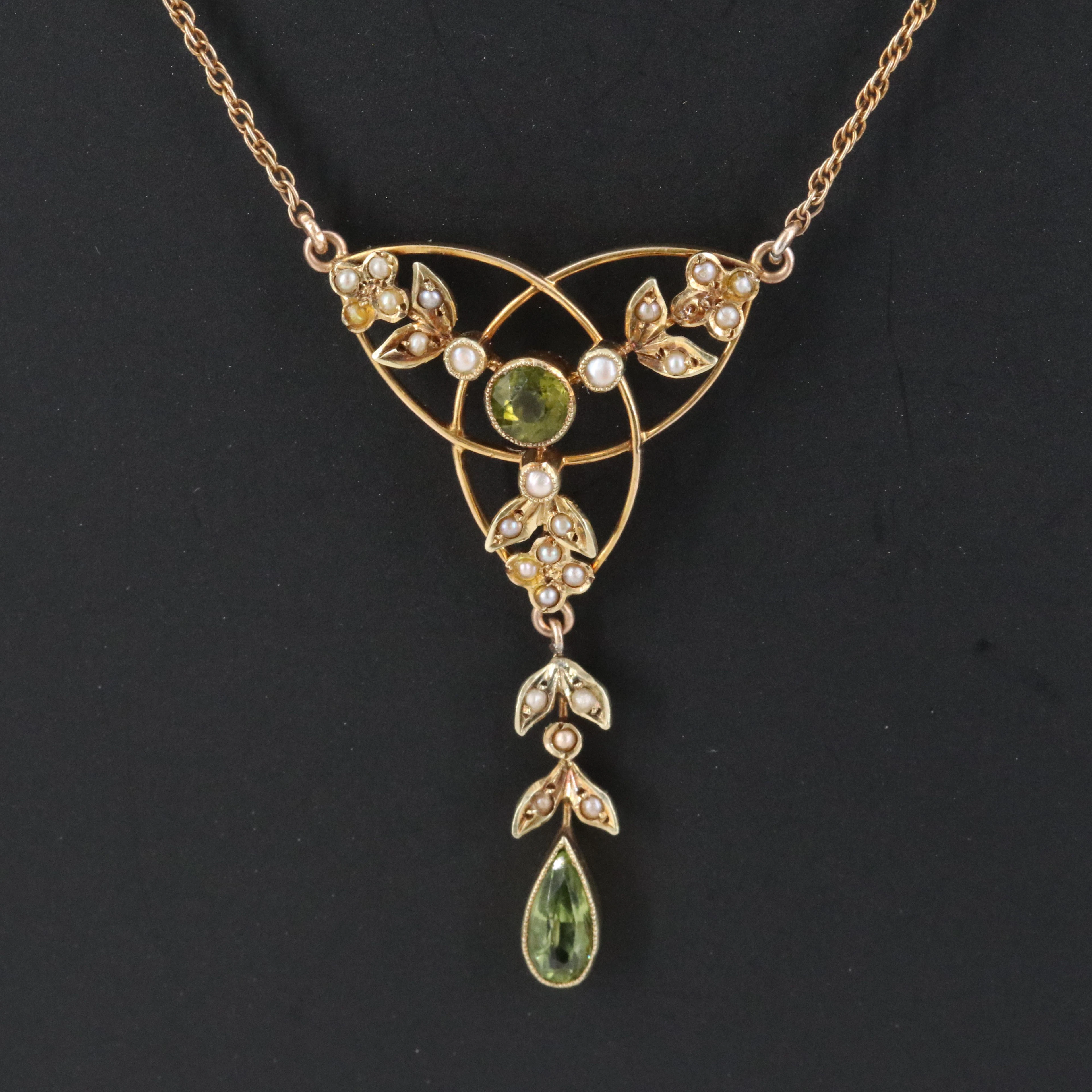 Art Nouveau 14K Peridot and Pearl Trinity Knot Lavalier Necklace w/ 10K Chain