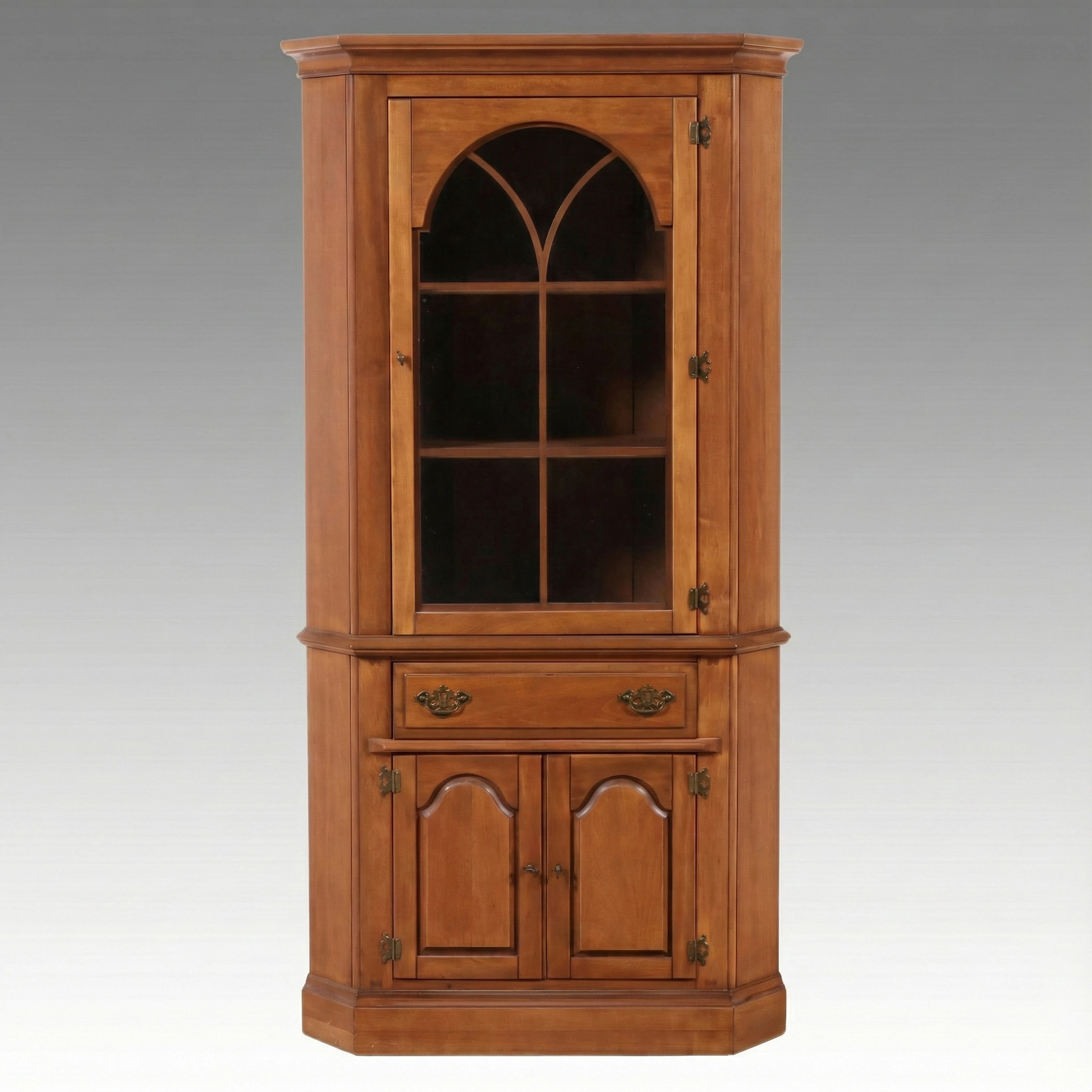 Bassett Furniture Colonial Style Maple Finish Glass Front Corner Cabinet