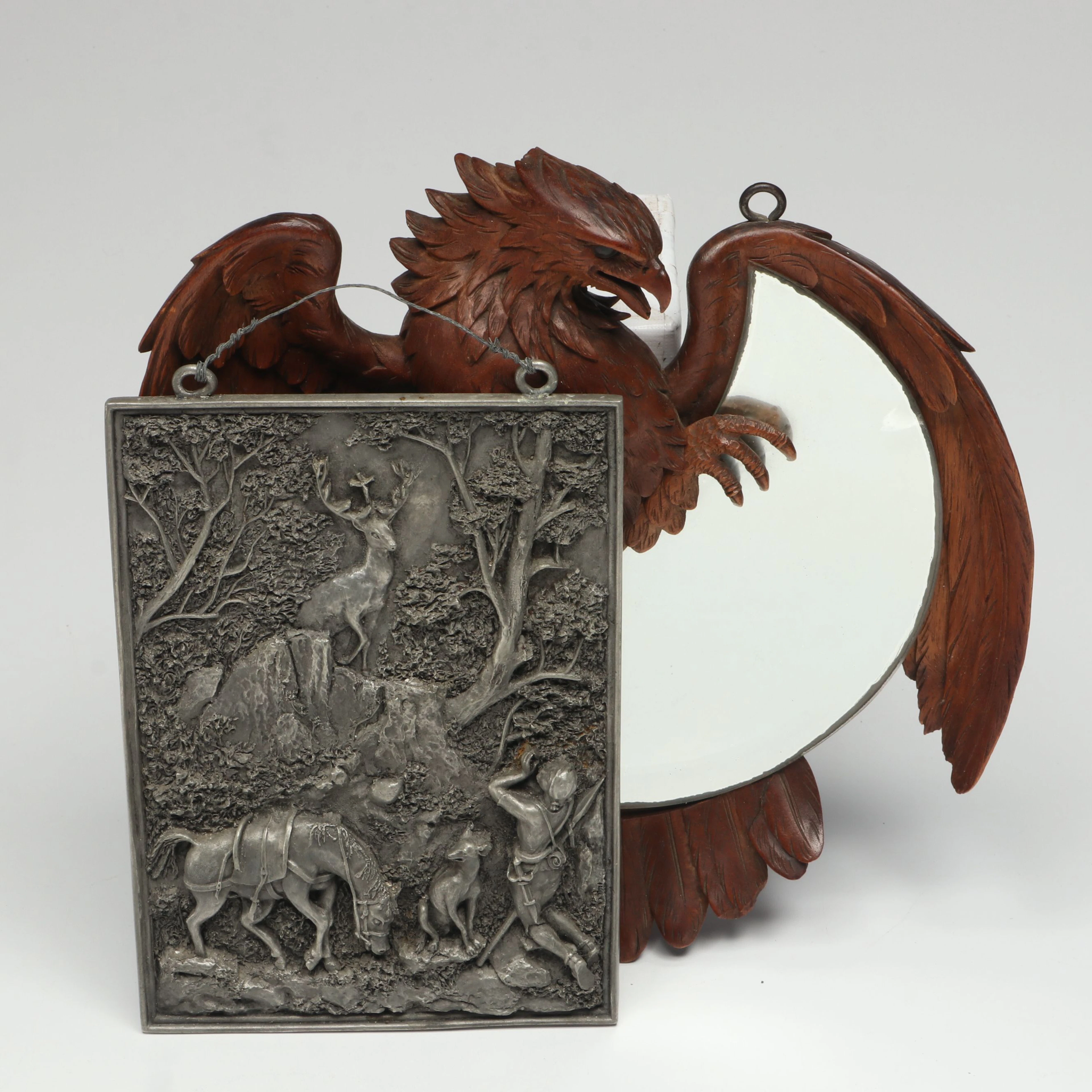 French Black Forest Style Wood Eagle Wall Mirror with St. Jerome Wall Plaque