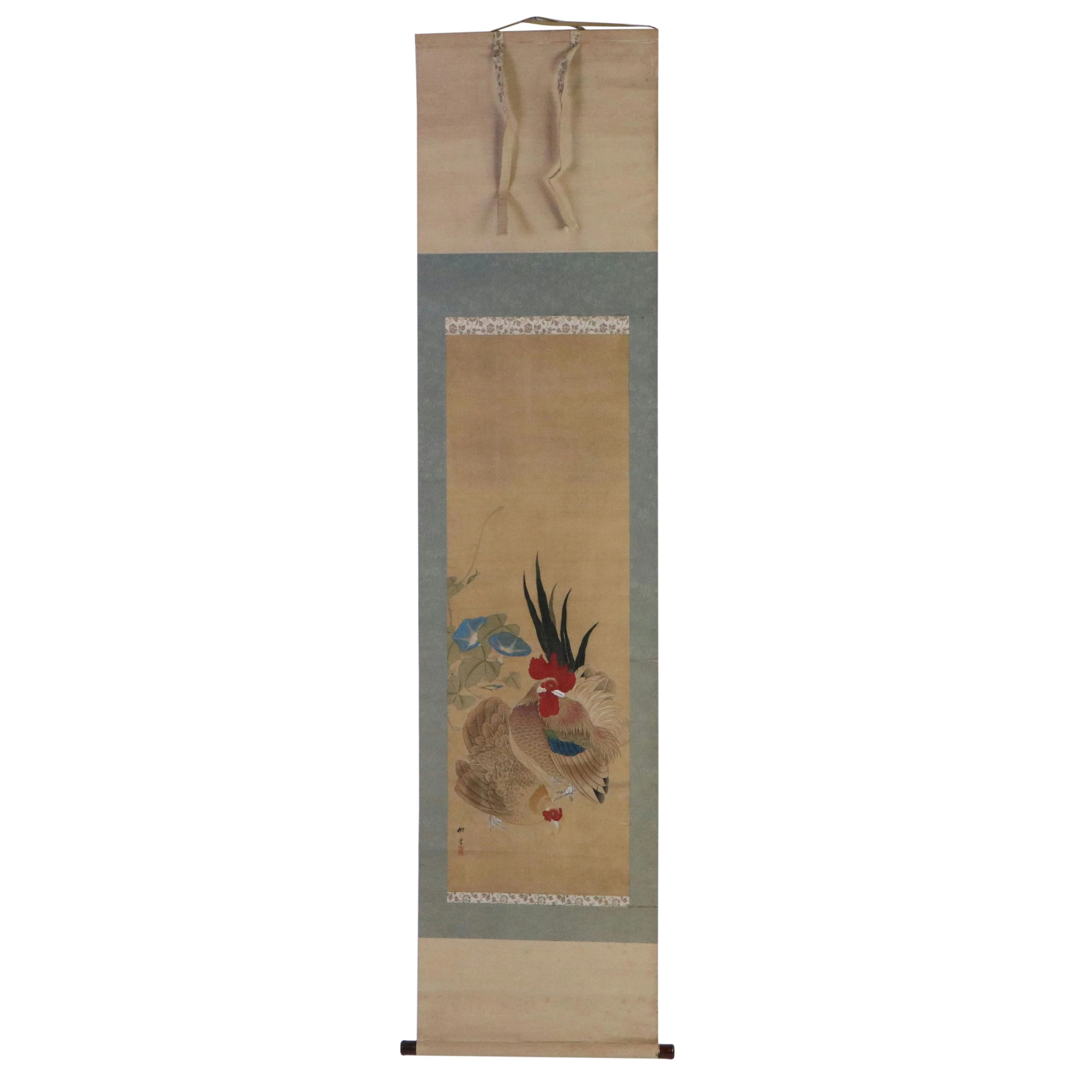 East Asian School Gouache Painted Scroll of Rooster and Hen