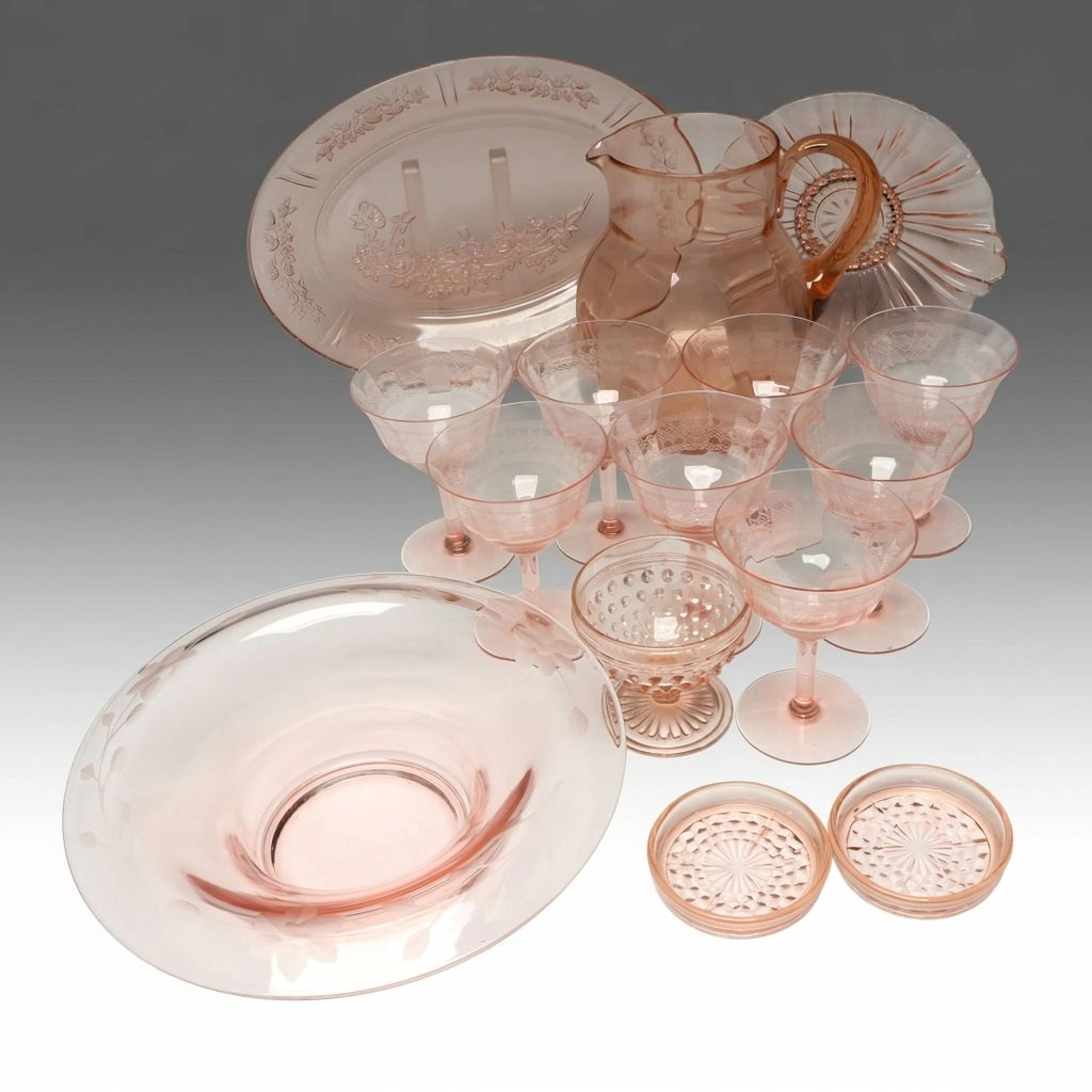 Federal Glass Co. "Sharon Pink" Platter with Other Vintage Depression Glass