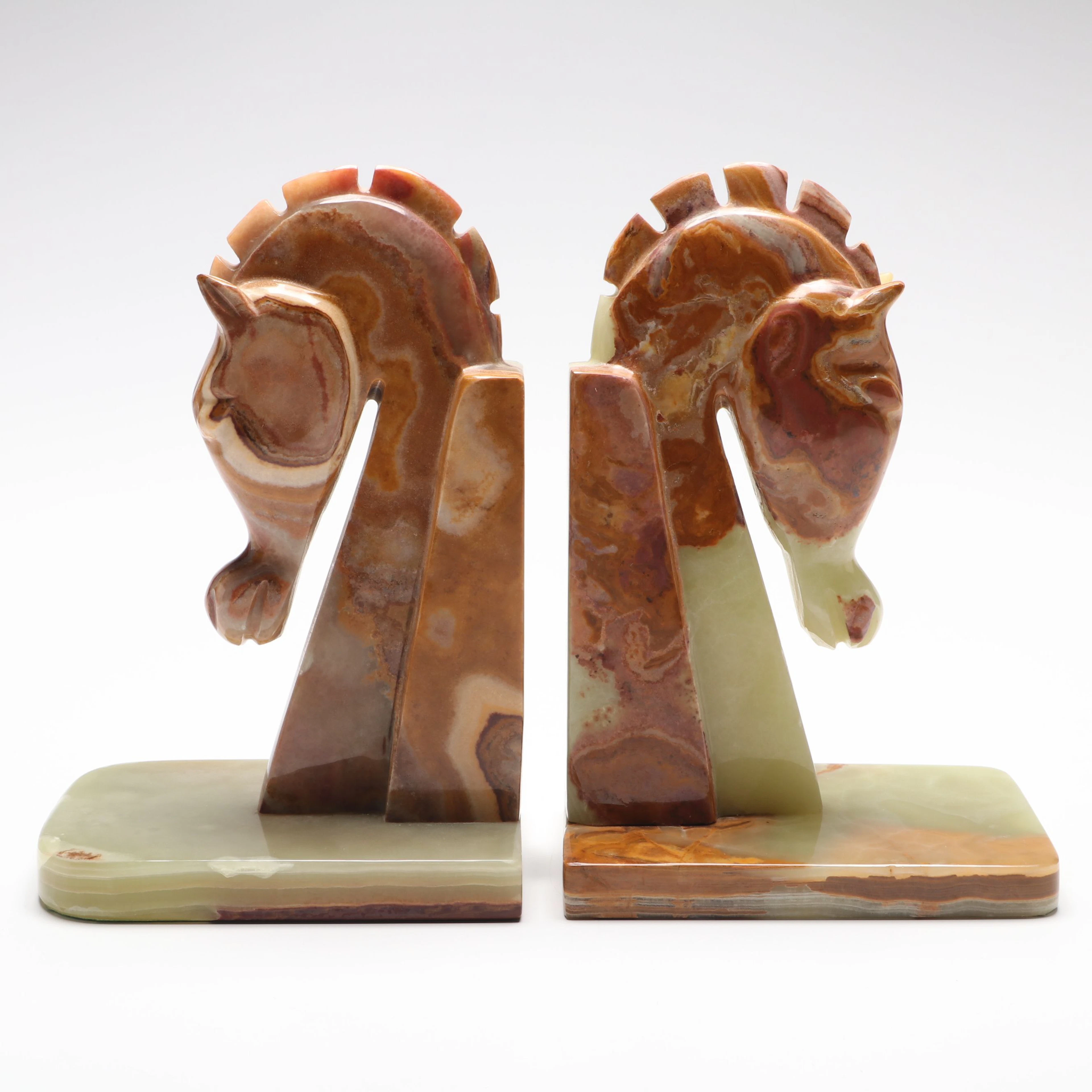 Vintage Carved Calcite Marble Horse Head Bookends