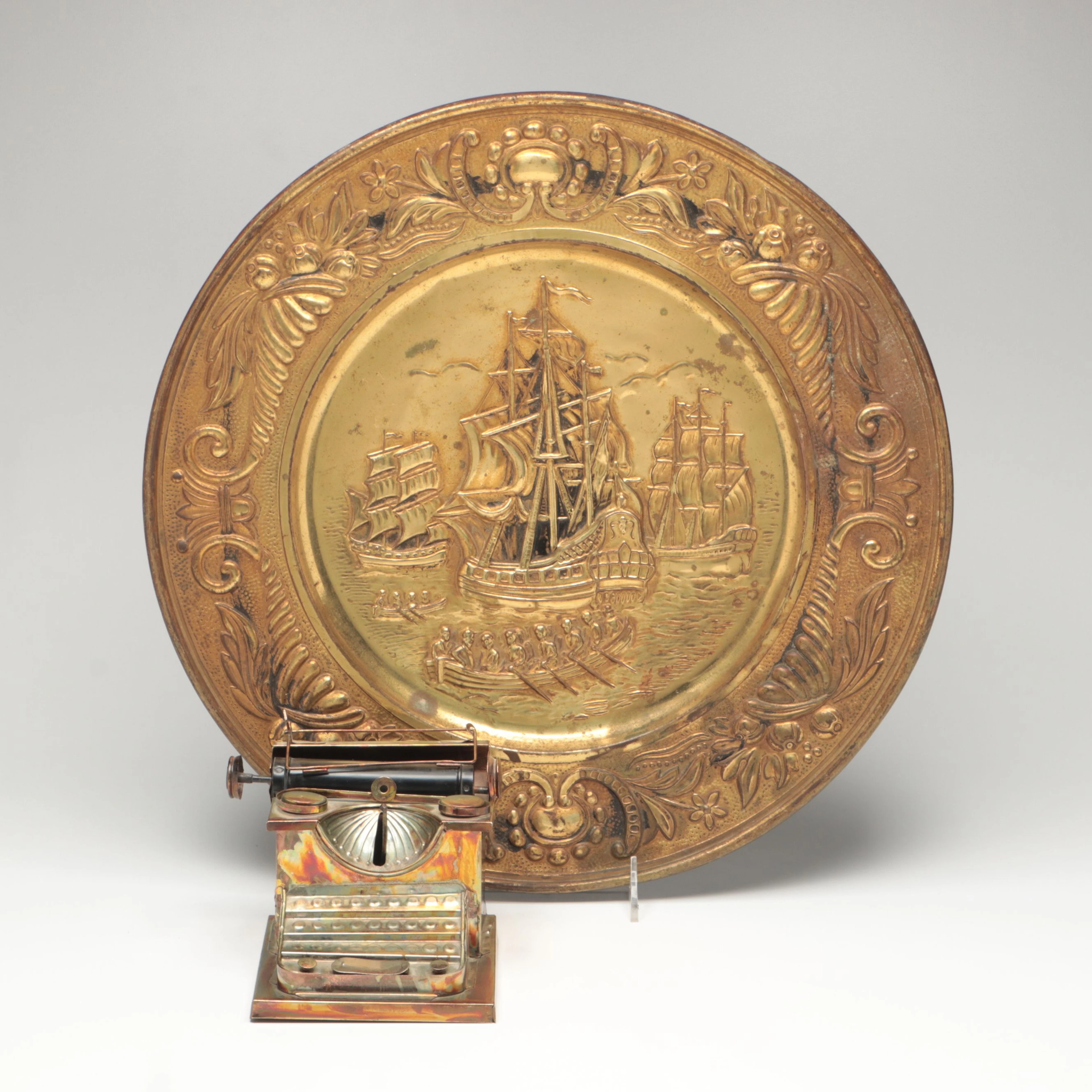 Embossed Nautical Copper Wall Platter with Musical Typewriter Figurine, Vintage
