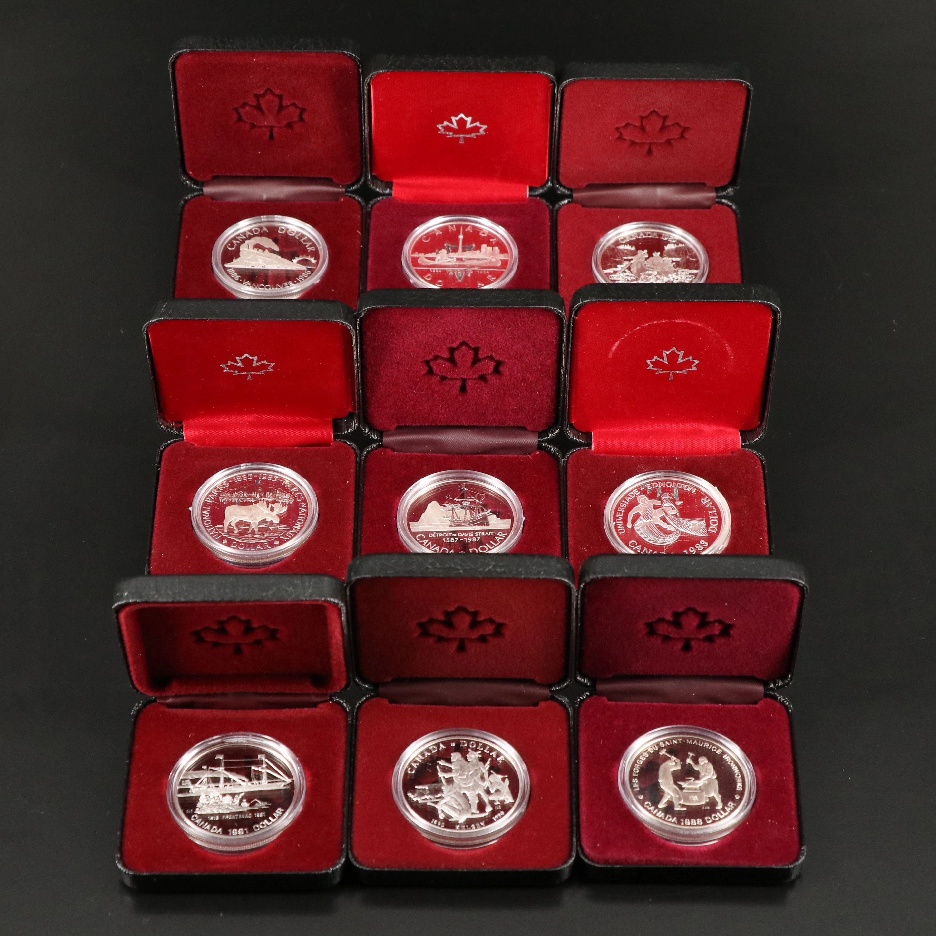 Nine Different Canadian Proof.500 Silver Dollars