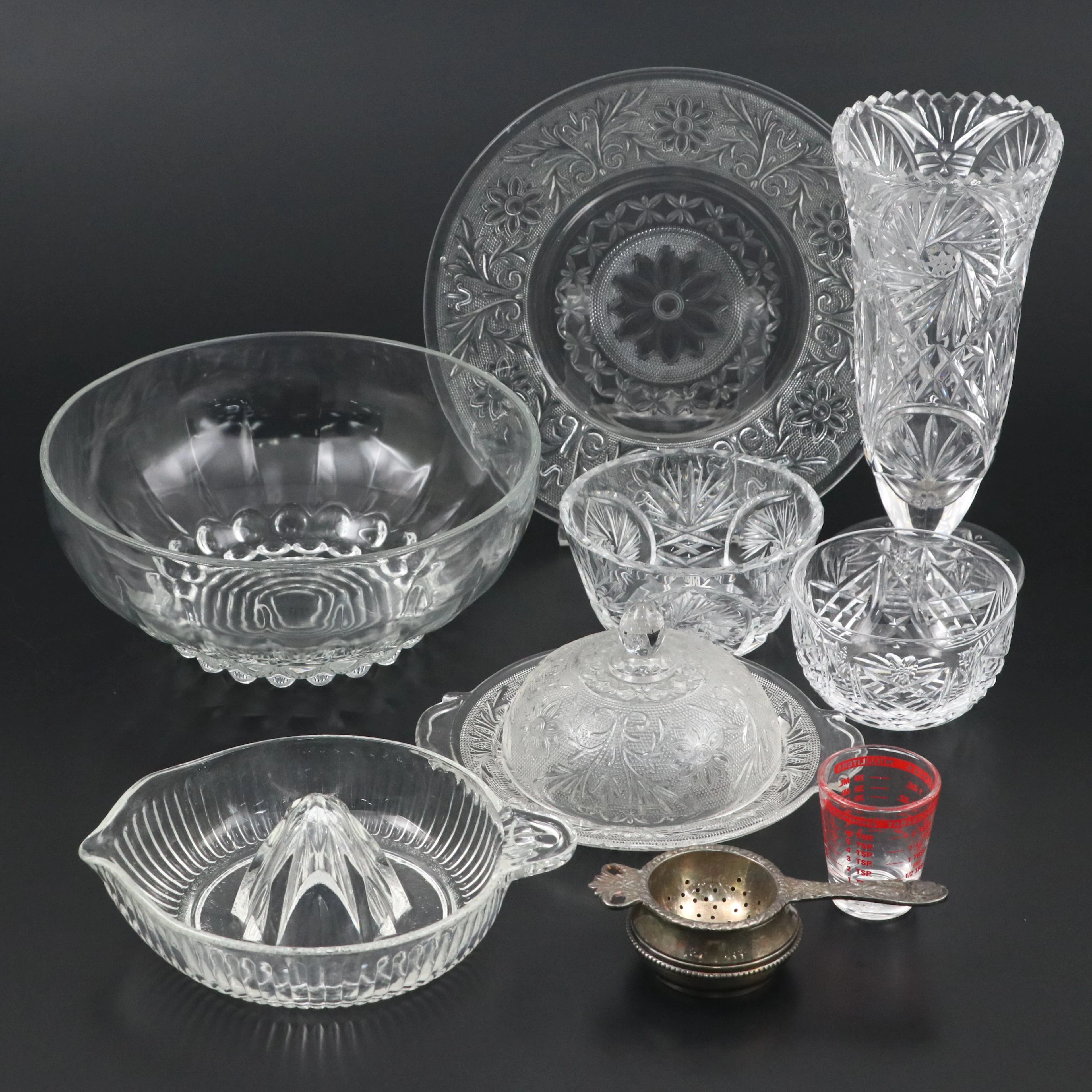 Silver Plate Tea Strainer, Covered Butter Dish and Other Table Accessories