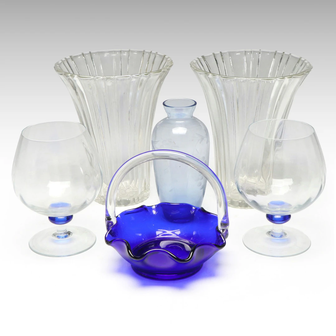 Cobalt and Clear Glass Brandy Snifters with More Glass Table Accessories