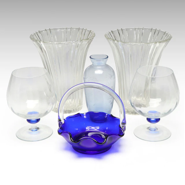 Cobalt and Clear Glass Brandy Snifters with More Glass Table Accessories
