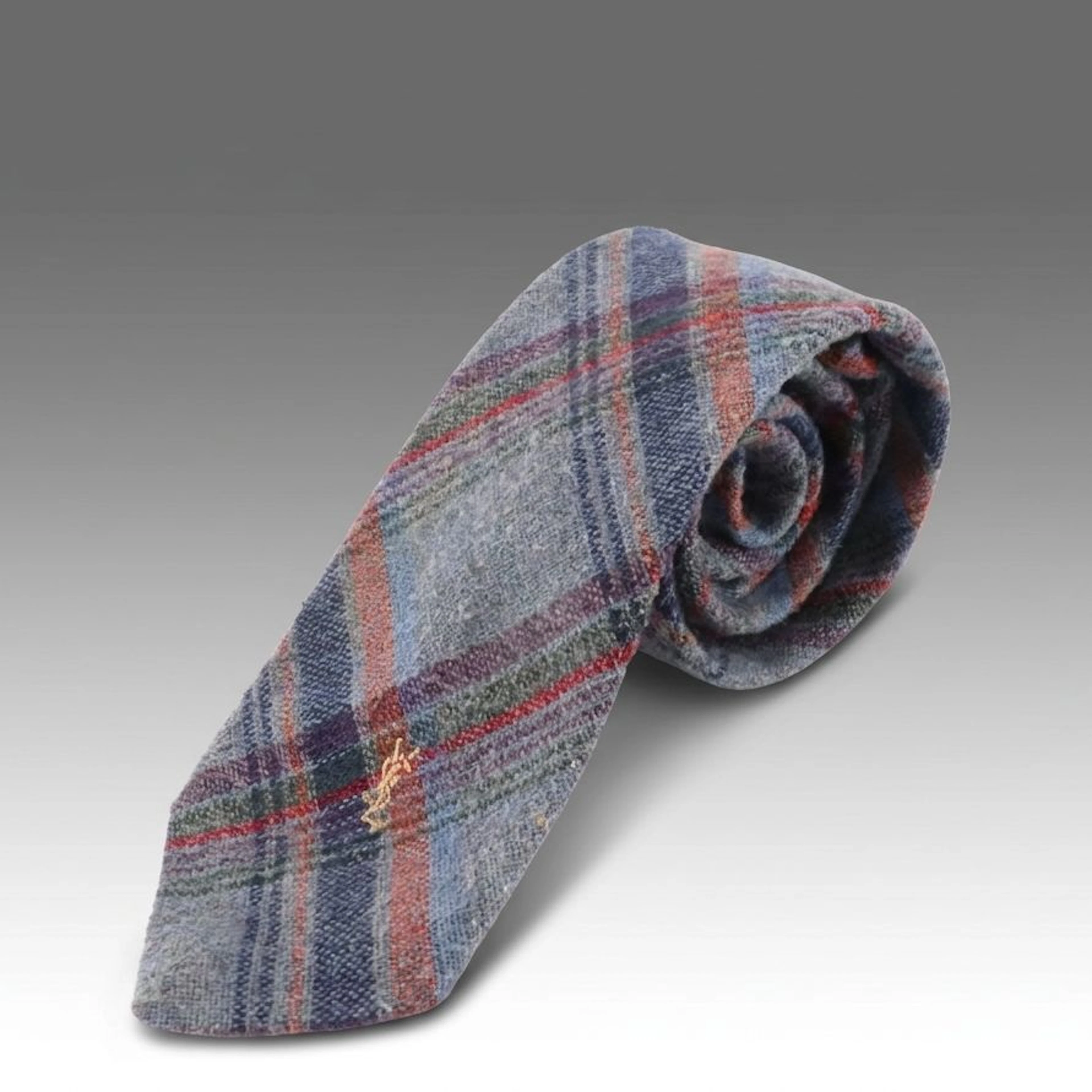 Yves Saint Laurent Heather Mist Necktie in Blue Tartan Wool Blend