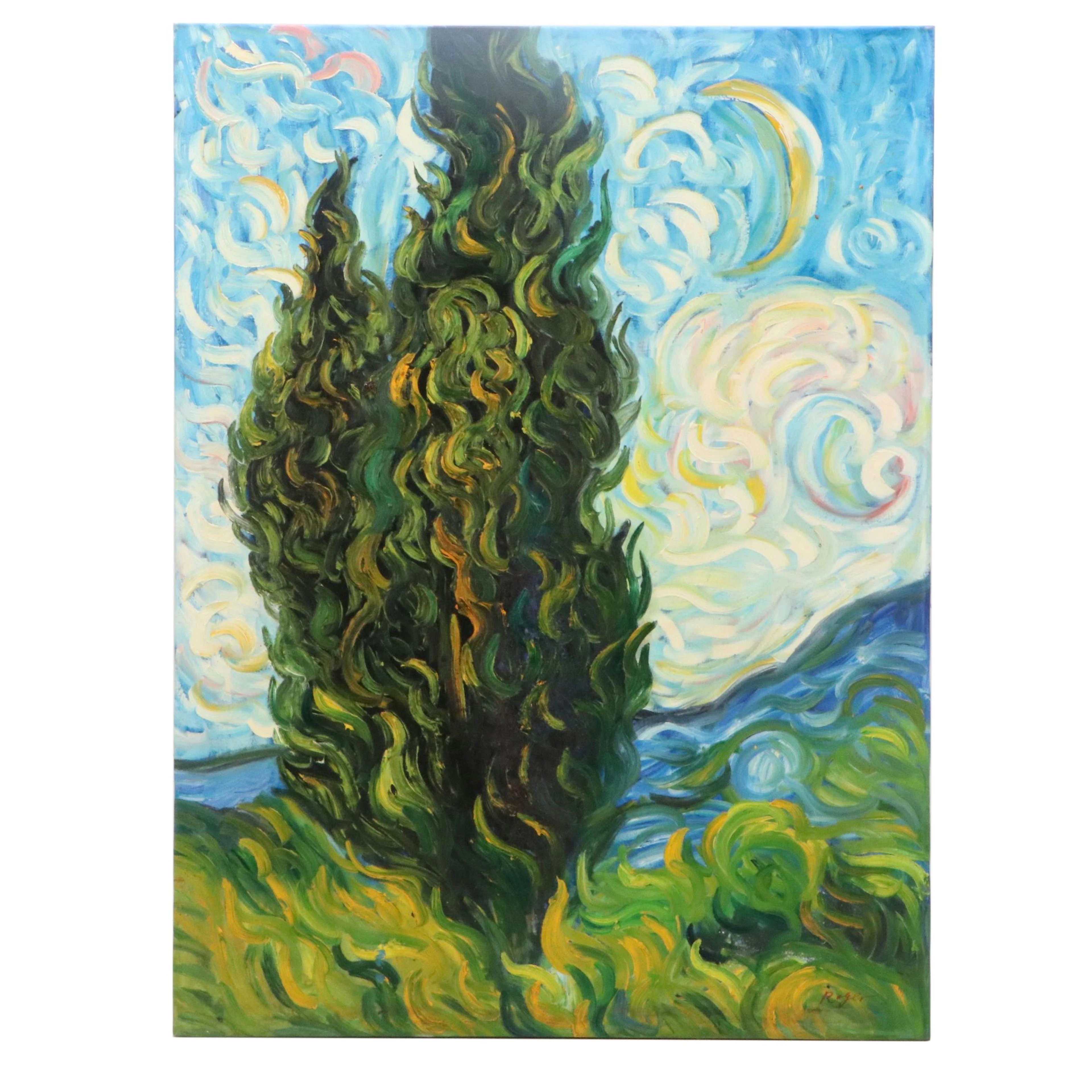 After Van Gogh Oil Master Copy of "Cypresses," 21st Century