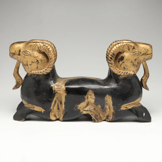 Egyptian Revival Carved Wood Two-Headed Ram Sculpture