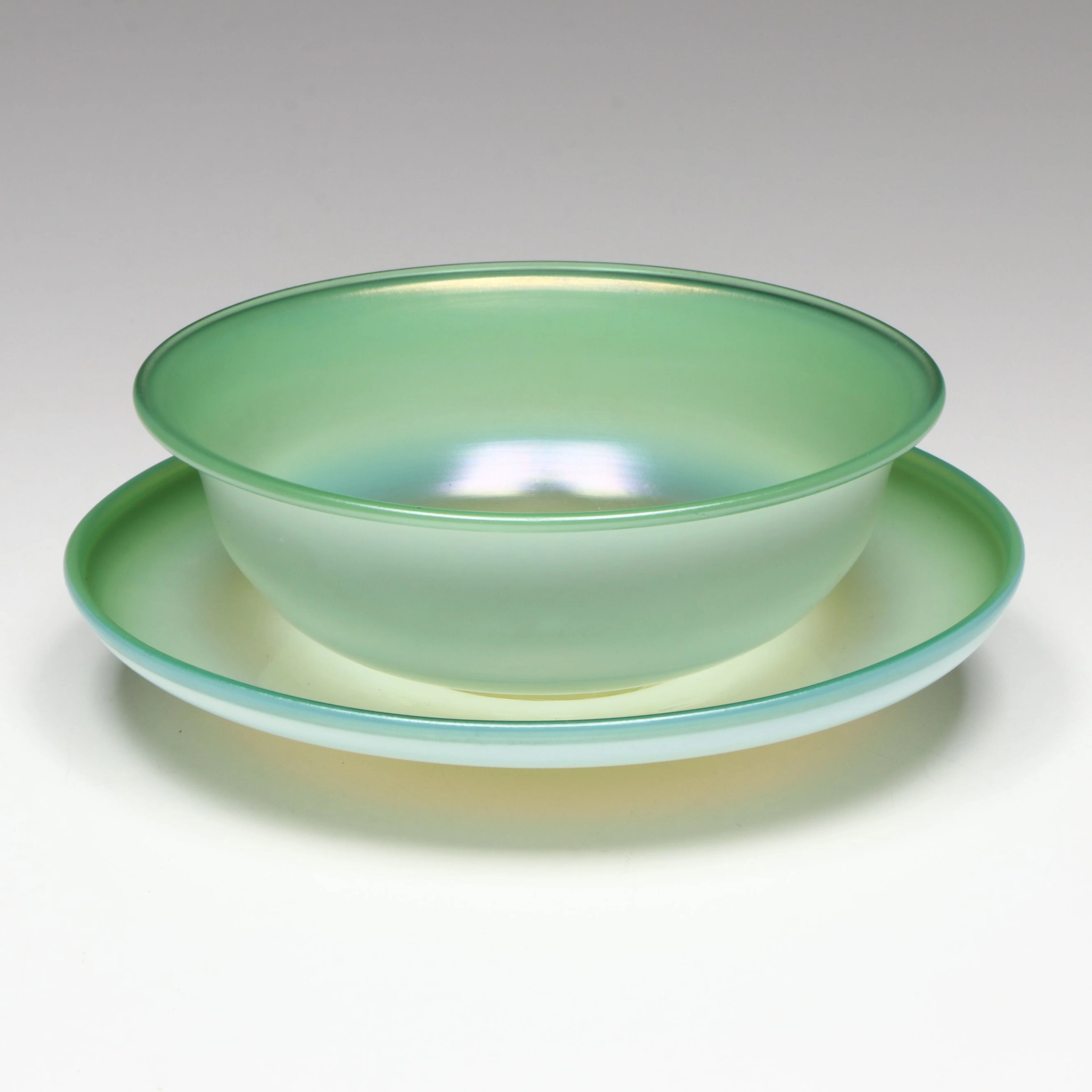 Louis Comfort Tiffany Green Pastel Favrile Glass Bowl and Plate, Early 20th C.