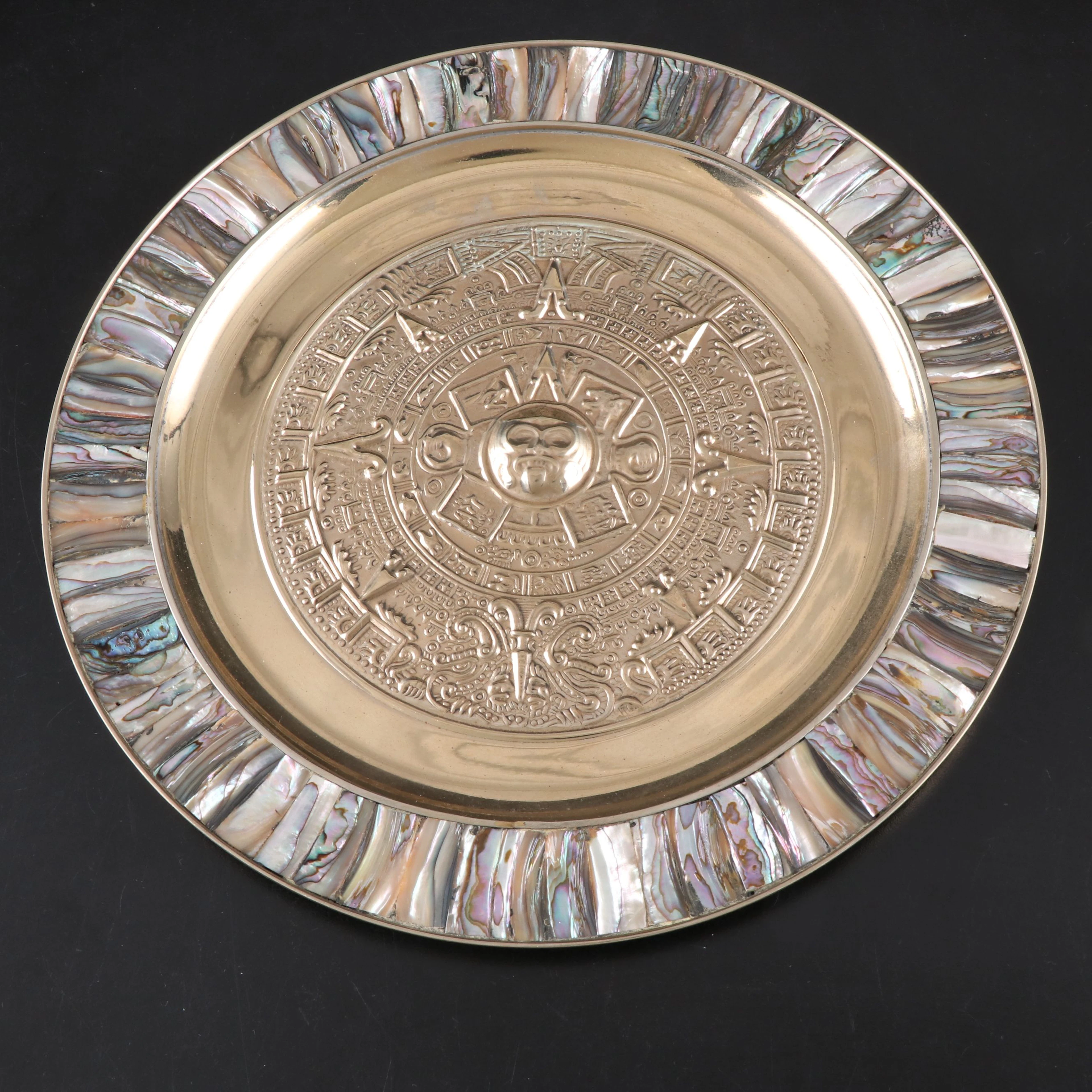 Mexican Aztec Calendar Abalone Rimmed Alpaca Silver Wall Plate