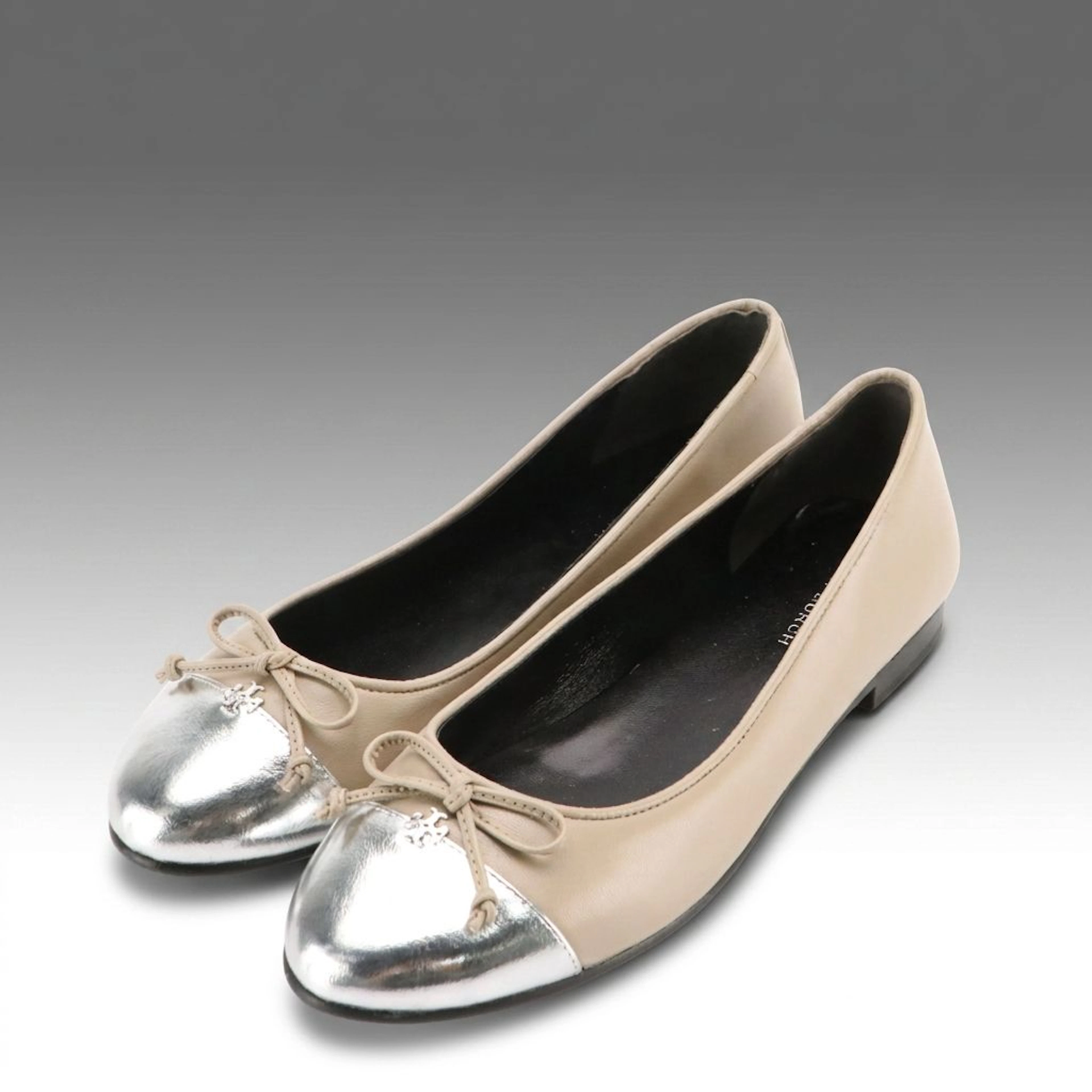 Tory Burch Bicolor Leather Ballet Bow Logo Flats