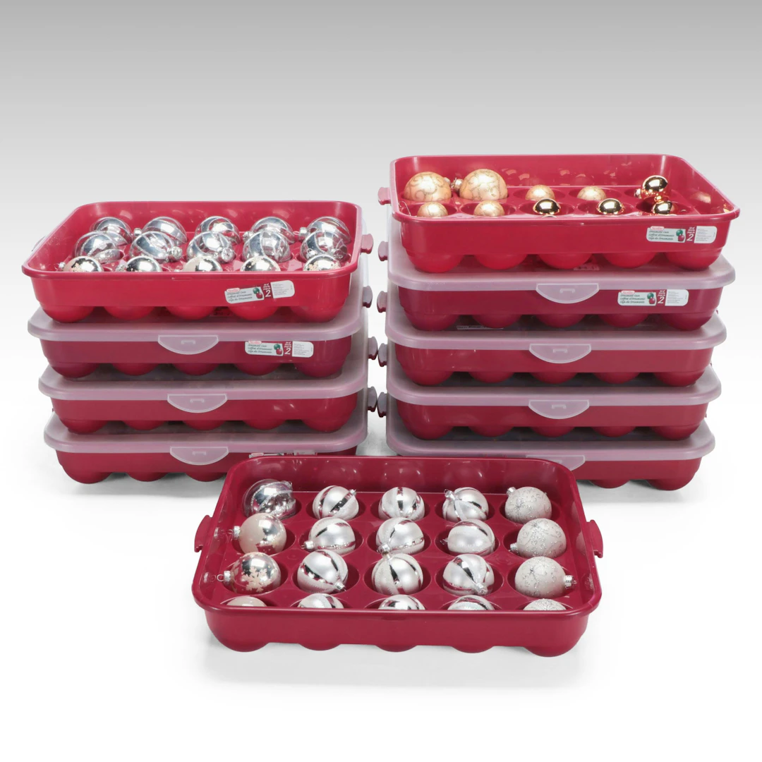 Glitter Embellished and Other Christmas Ornaments with Storage Boxes