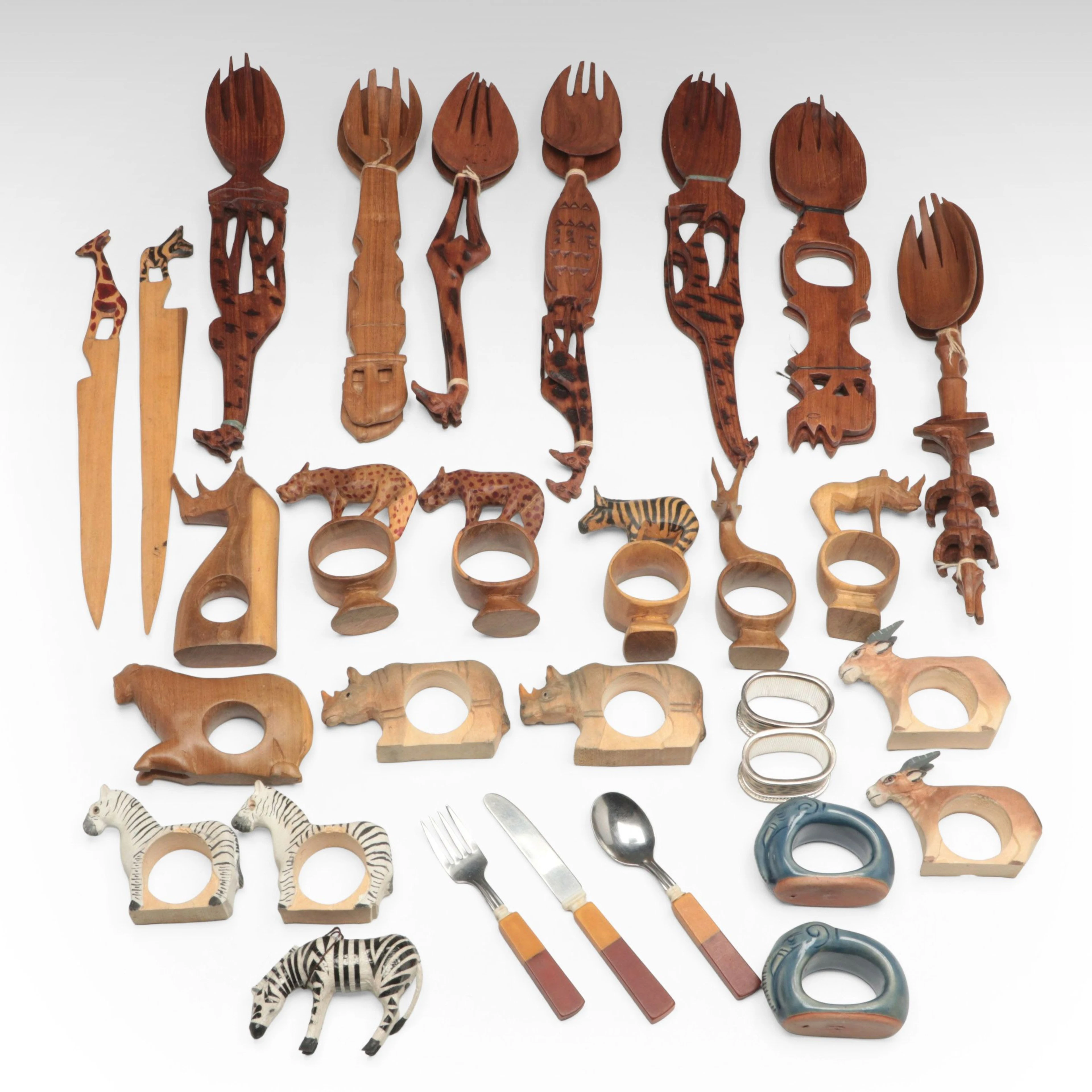 Carved Wood Animal Form Salad Servers, Napkin Rings and More Table Accessories