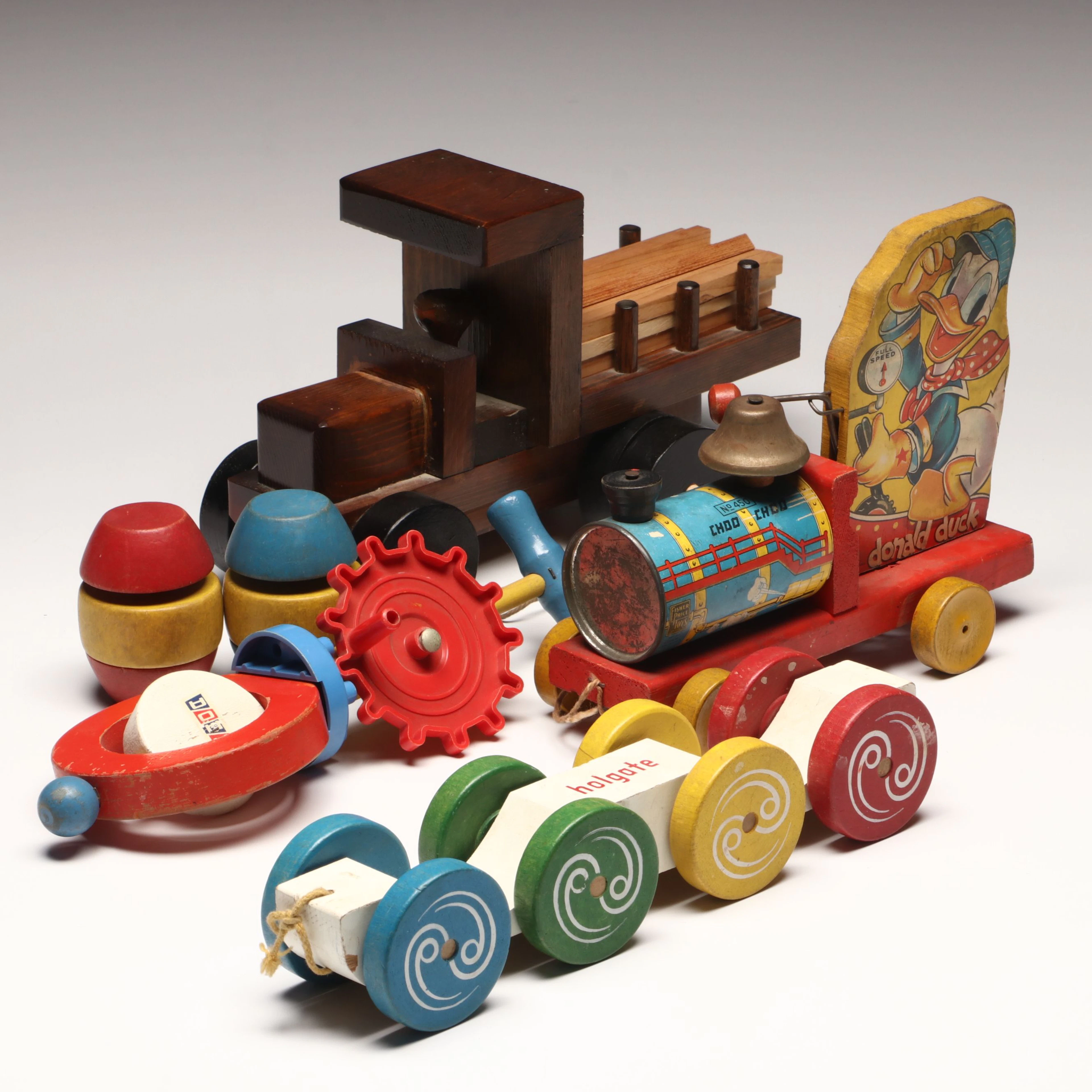 Handmade Flatbed Truck, Donald Duck Train and Other Vintage Wood Toys