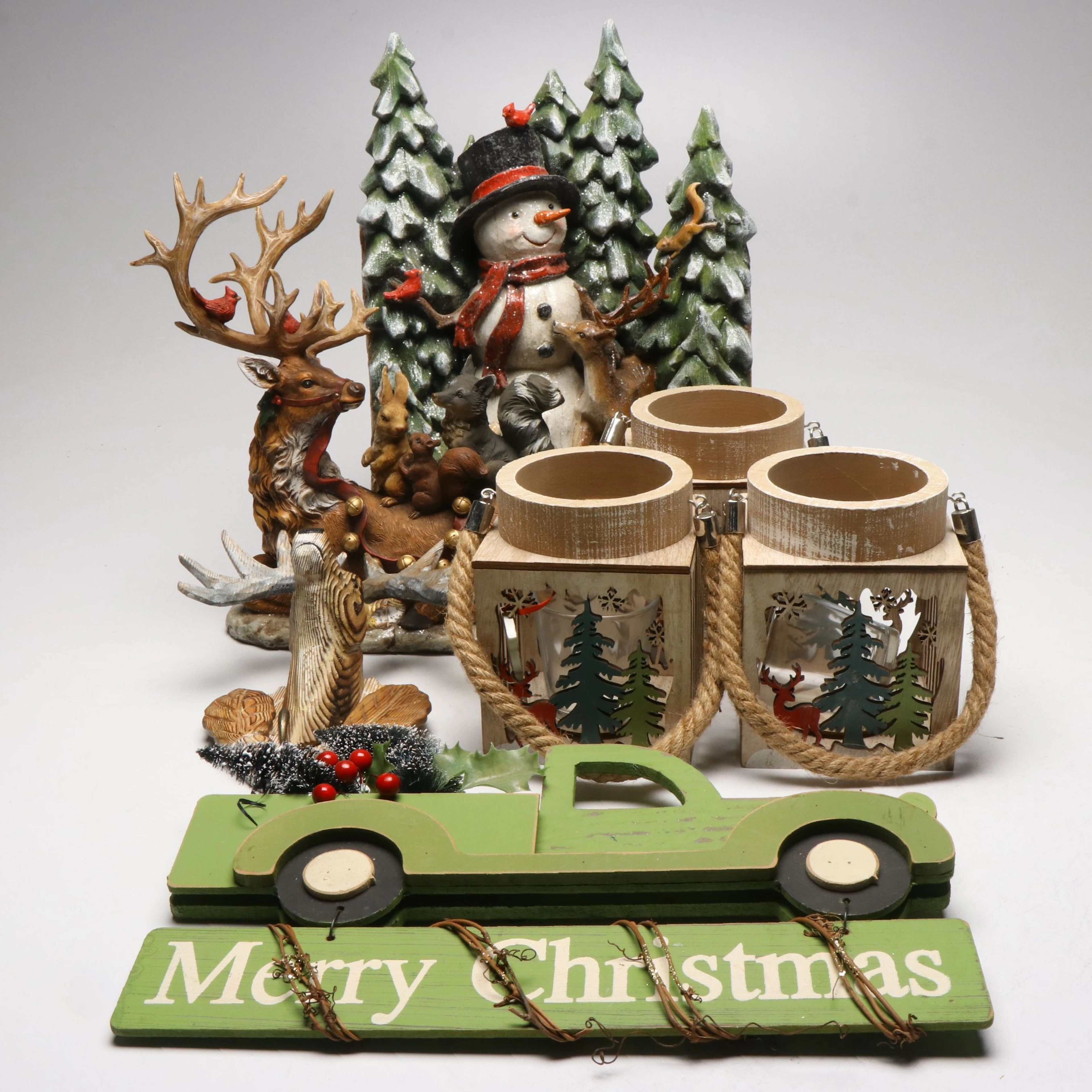 Christmas Woodcut Candle Holders with Figurines and Wall Hangings