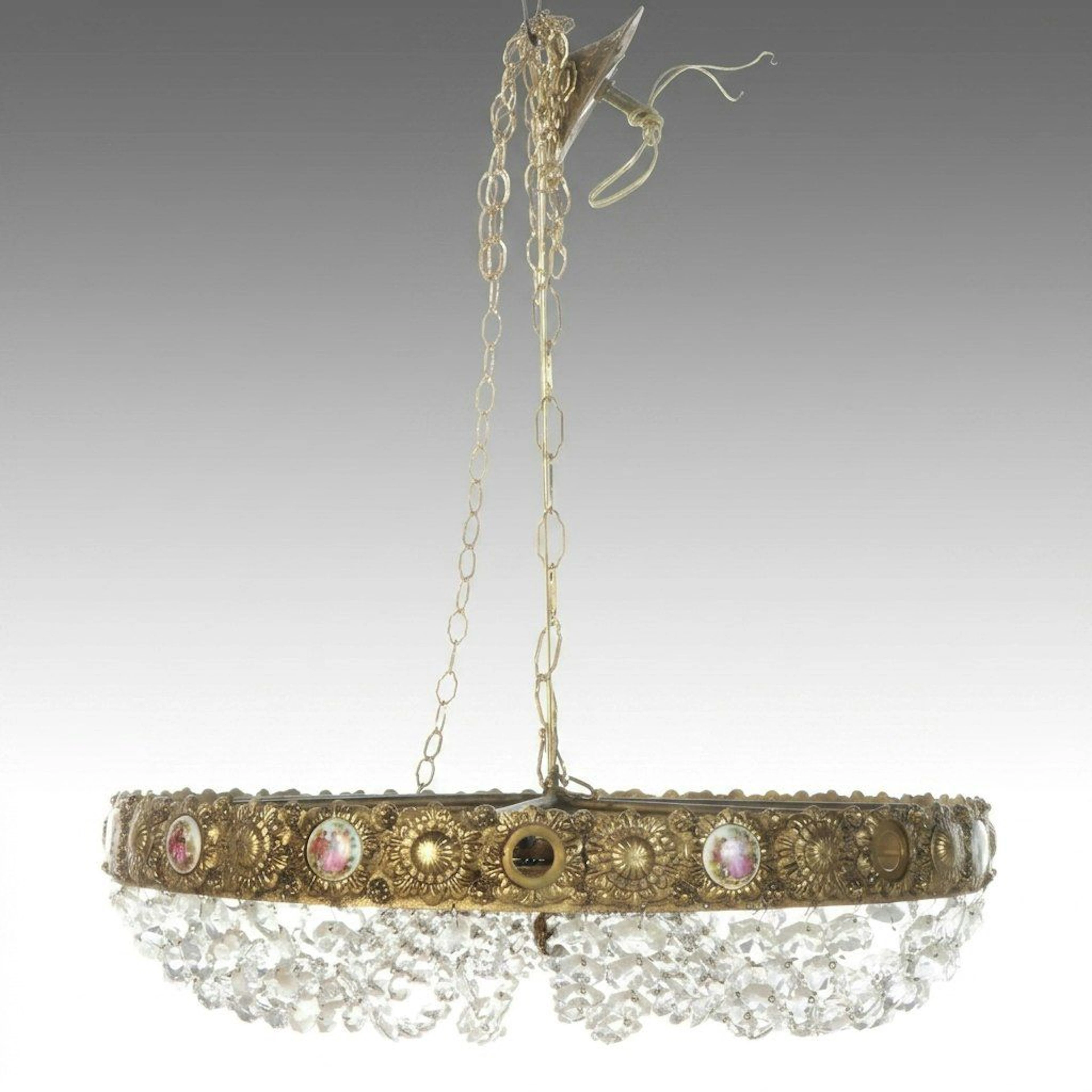 Louis XVI Revival Brass and Crystal Chandelier with Limoges Fragonard Plaques