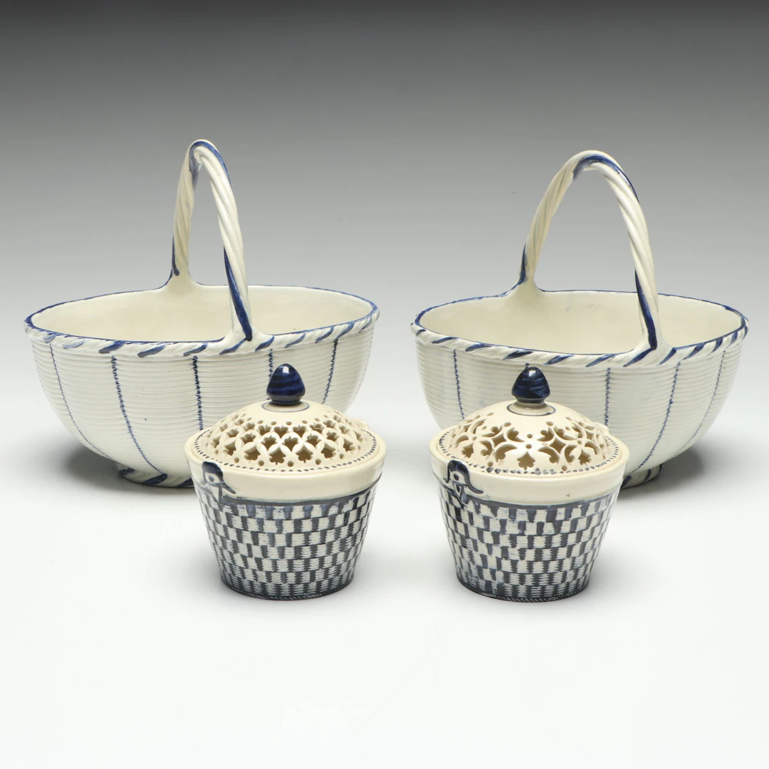 English Wedgwood Reticulated Vessels with Ceramic Pearlware Baskets, Antique