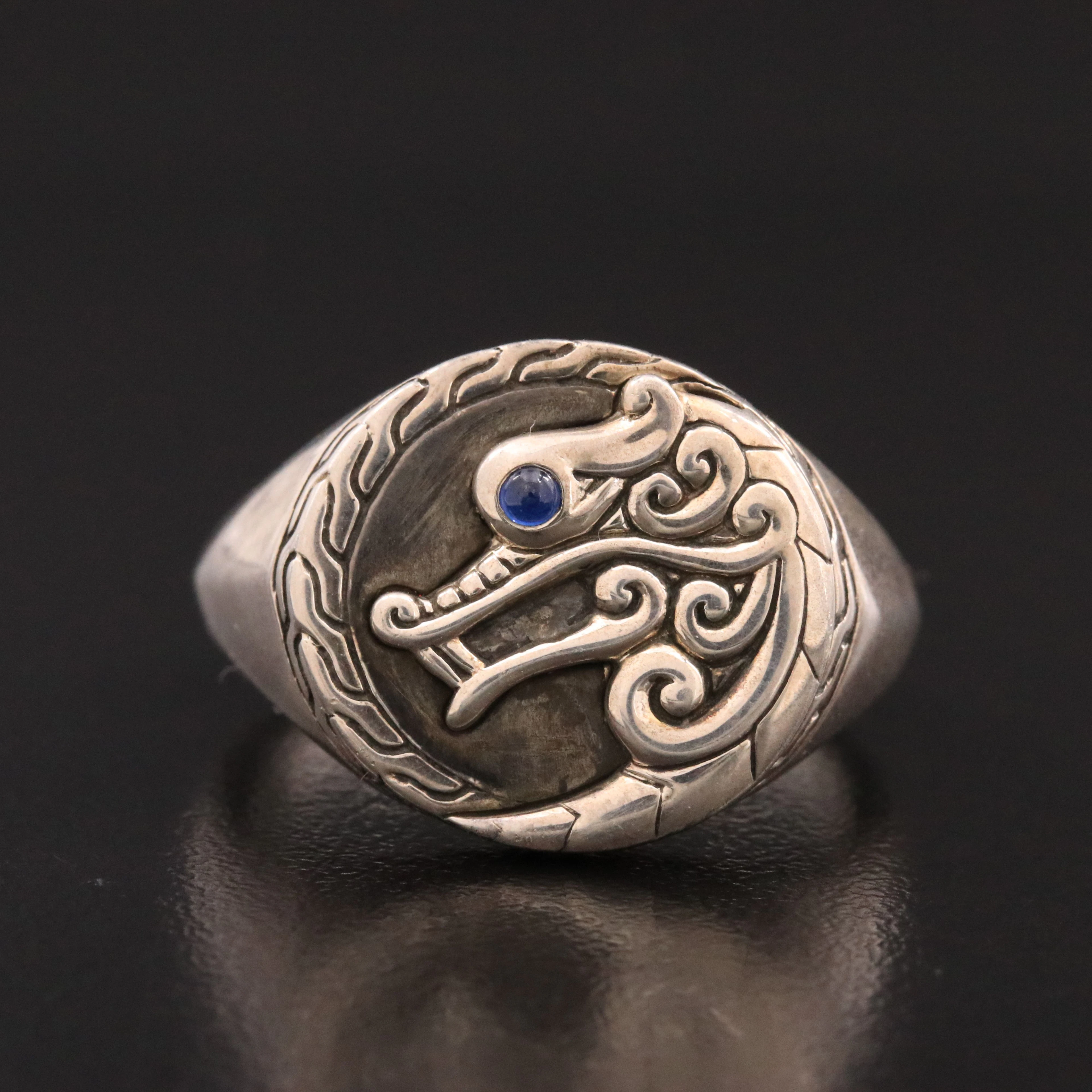 John Hardy Naga Sterling Men's Signet Ring with Sapphire Accent