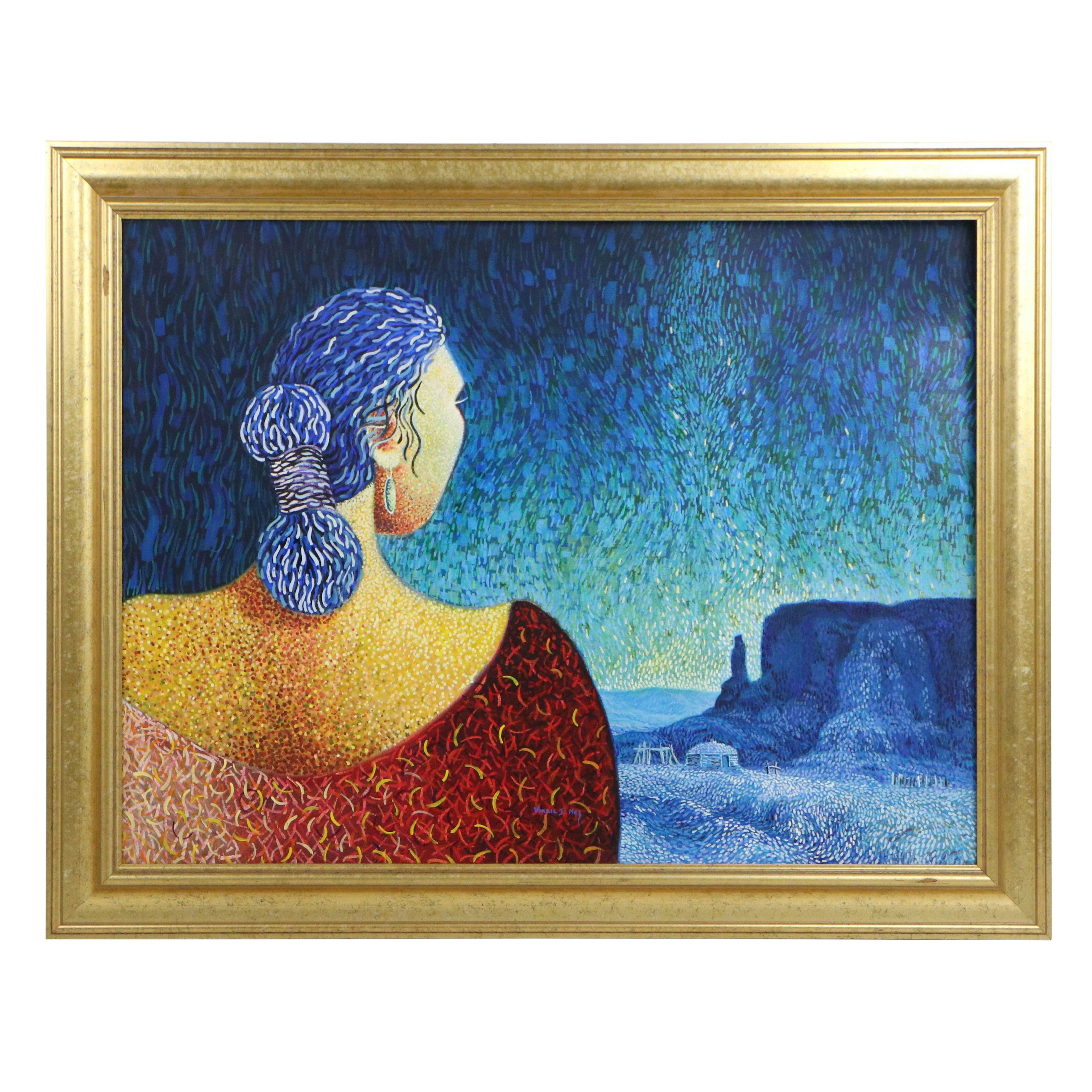 Virgil J. Nez Pointillist Style Acrylic Painting of Woman, Late 20th to 21st C.