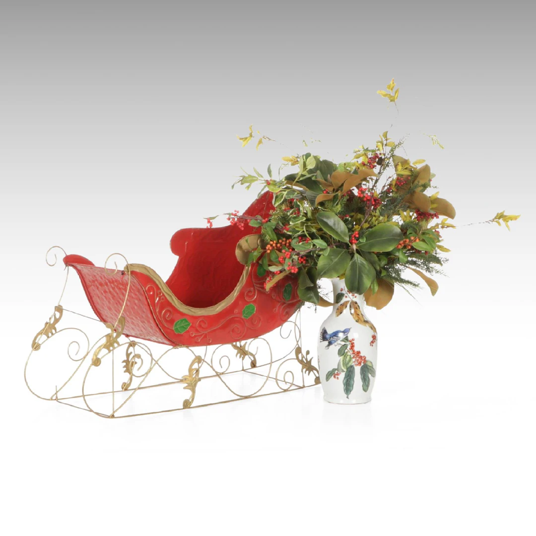 Metal Decorative Christmas Sleigh with Faux Holiday Greenery in Vase