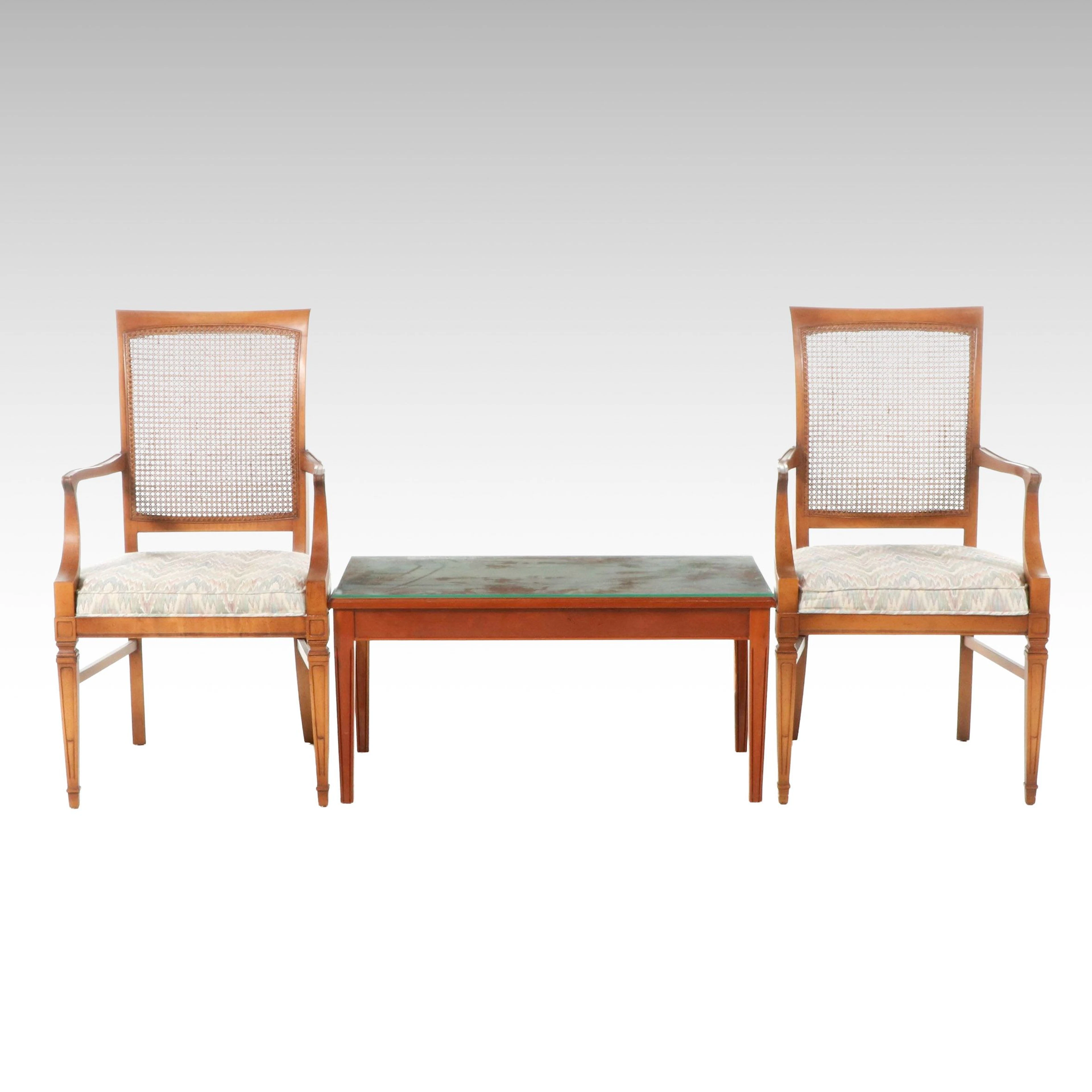 Mid-Century Neoclassical Style Cane-Back Armchairs and Coffee Table