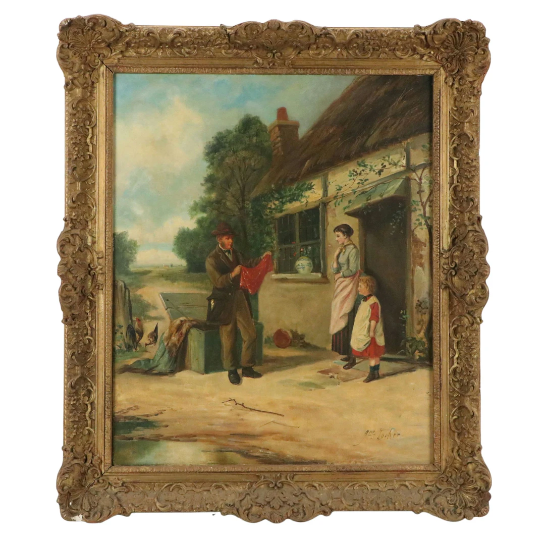 John Locker Genre Oil Painting of Outdoor Scene with Thatched Cottage, 19th C.