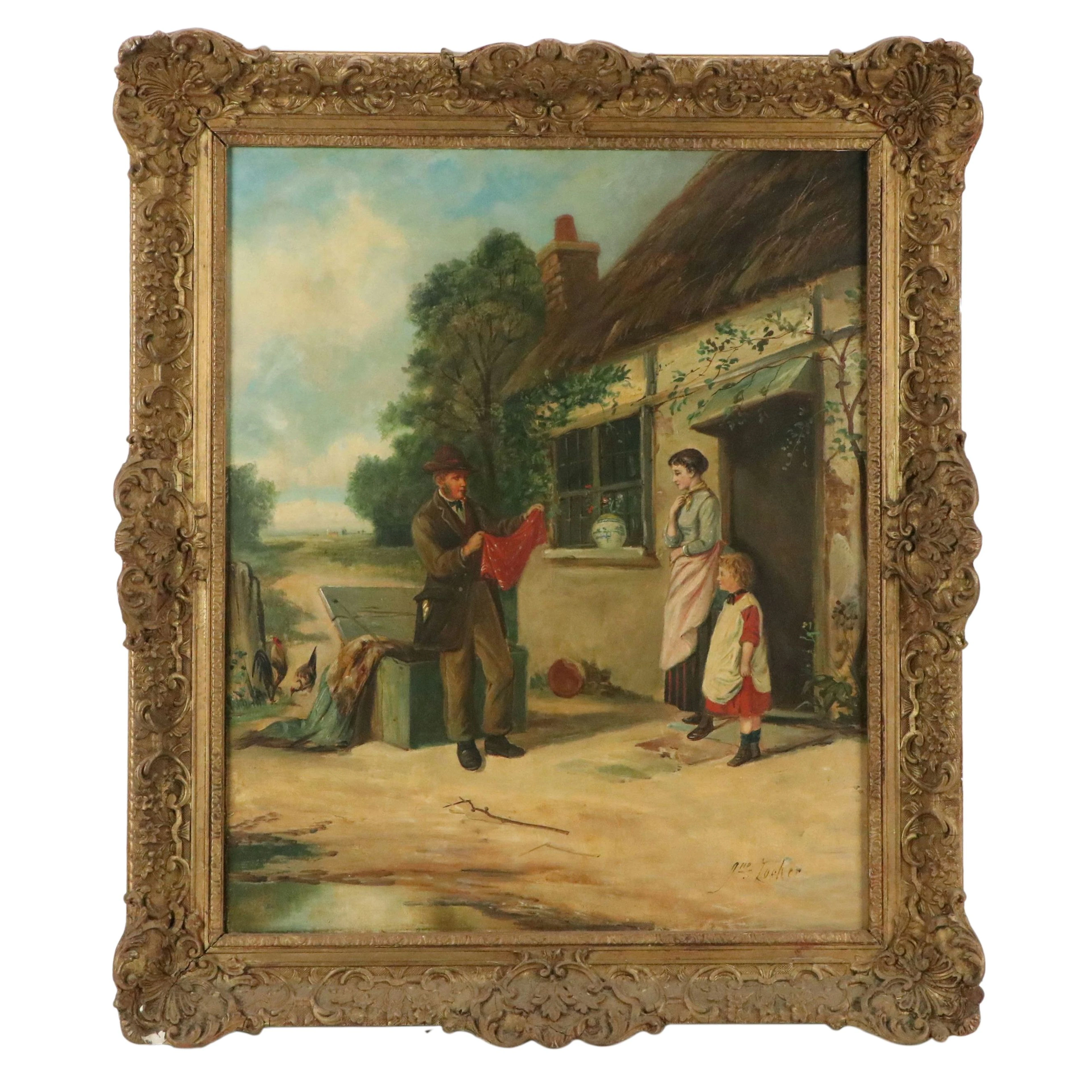 John Locker Genre Oil Painting of Outdoor Scene with Thatched Cottage, 19th C.