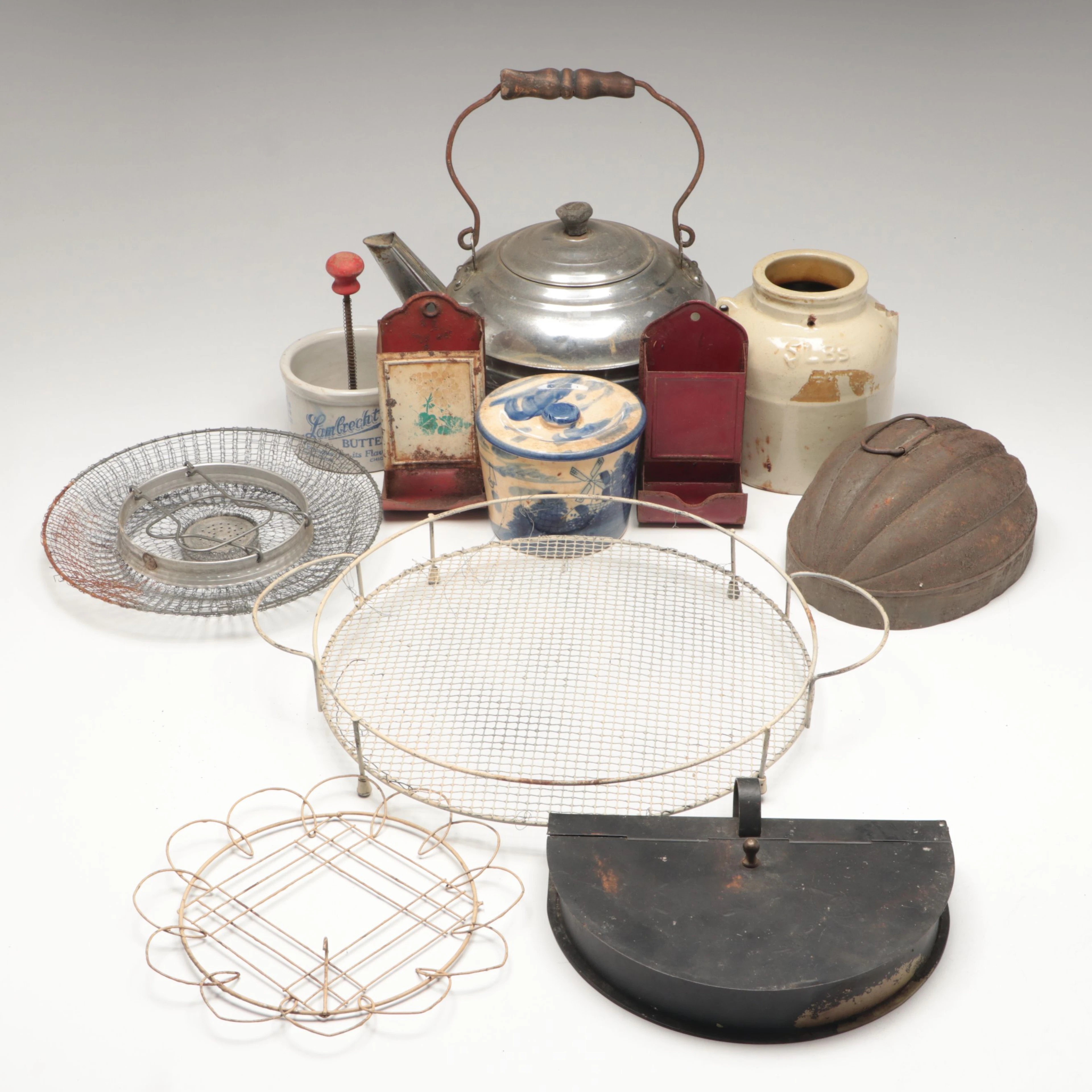 Metal Tea Kettle, Ceramic Crock, and More Kitchen Collectibles