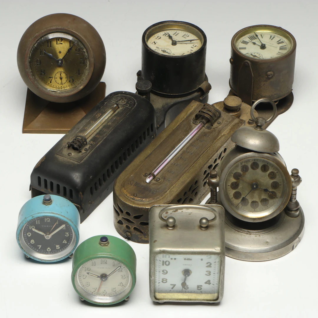 Minneapolis Heat Regulator with Other Clocks and Thermostat, Early 20th C.