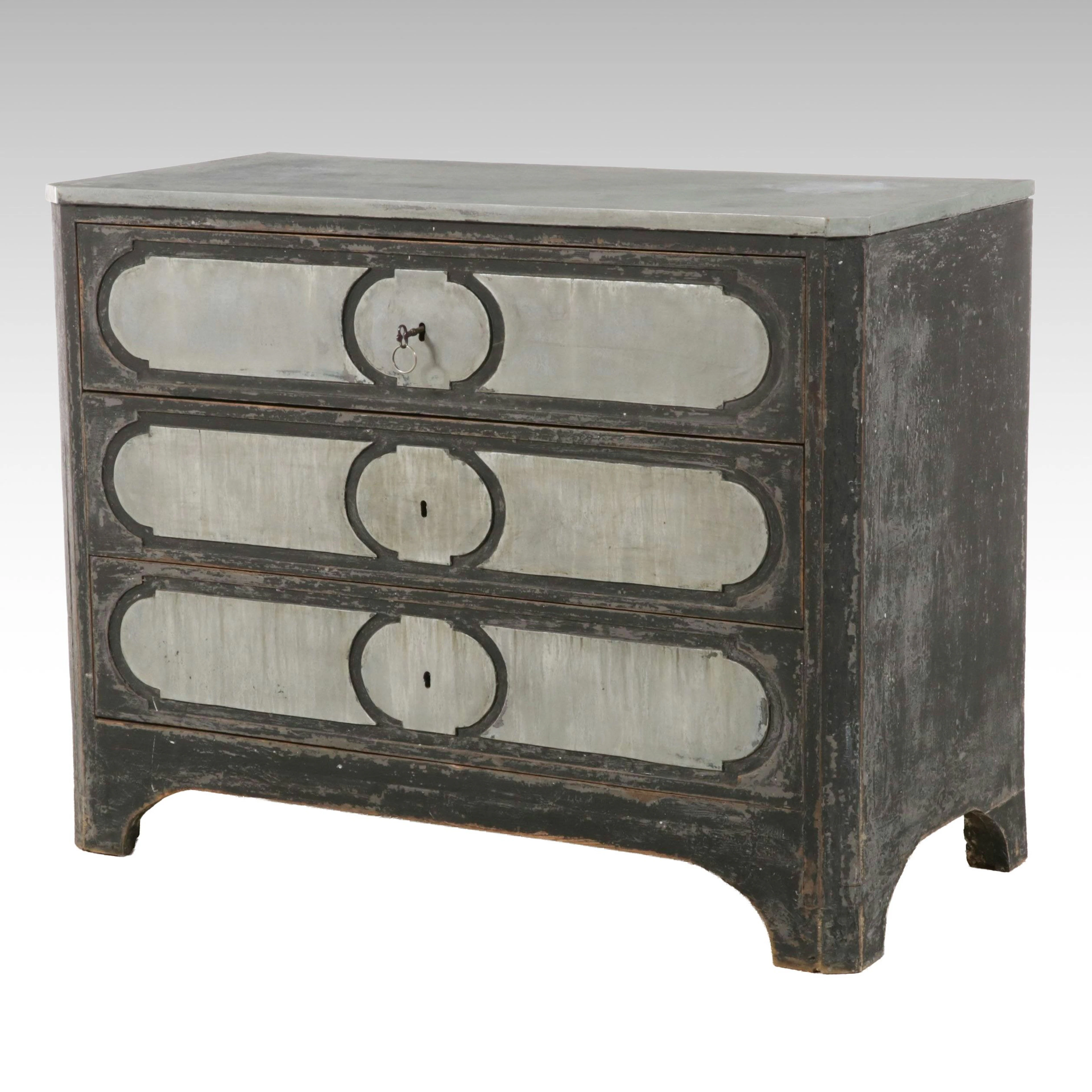 Gustavian Revival Distressed Painted Three-Drawer Secretary Commode, 20th C.